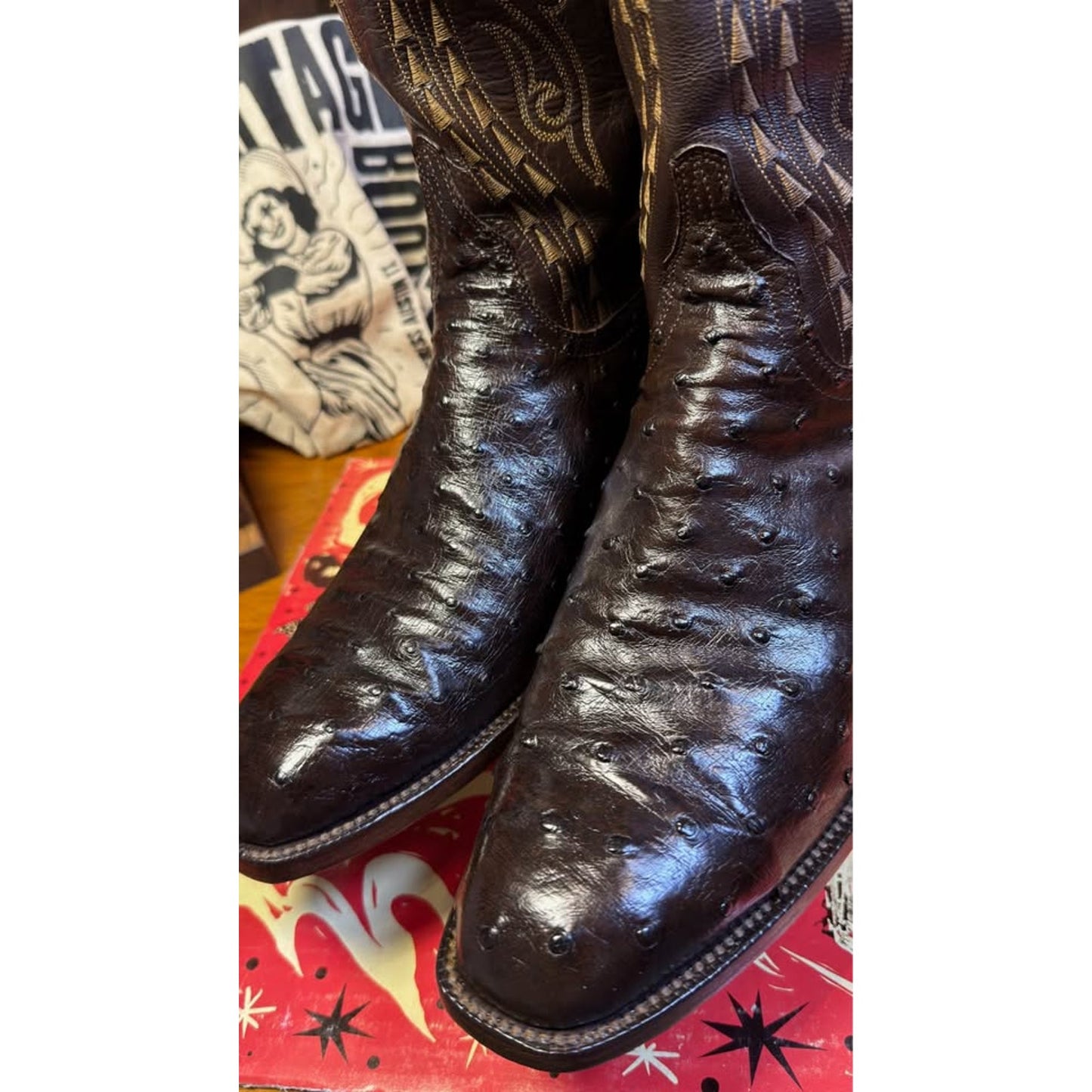 🐧LUCCHESE CLASSICS HANDMADE FULL QUILL OSTRICH BOOTS — DARK CHOCOLATE | SIZE 11 | MADE IN USA