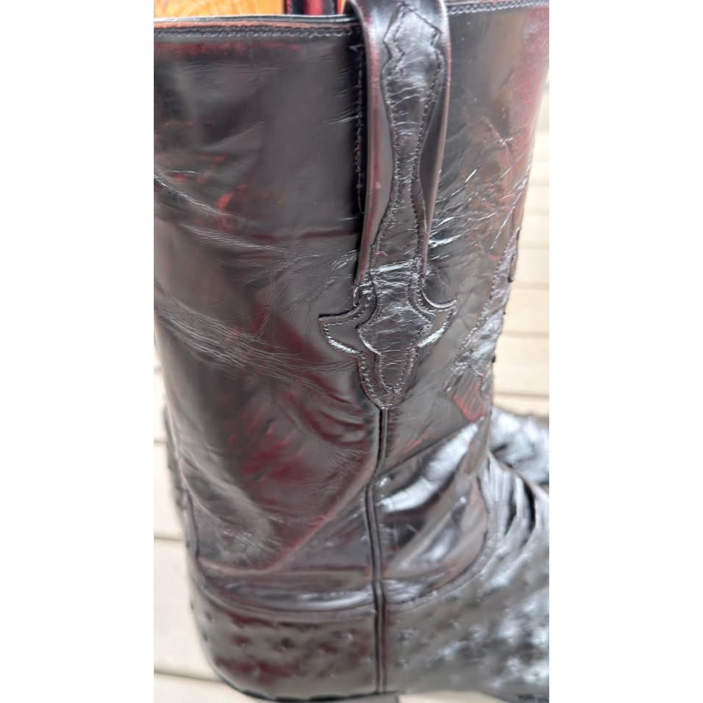🐧LUCCHESE CLASSICS HANDMADE BLACK CHERRY FULL QUILL OSTRICH BOOTS — SIZE 13 D