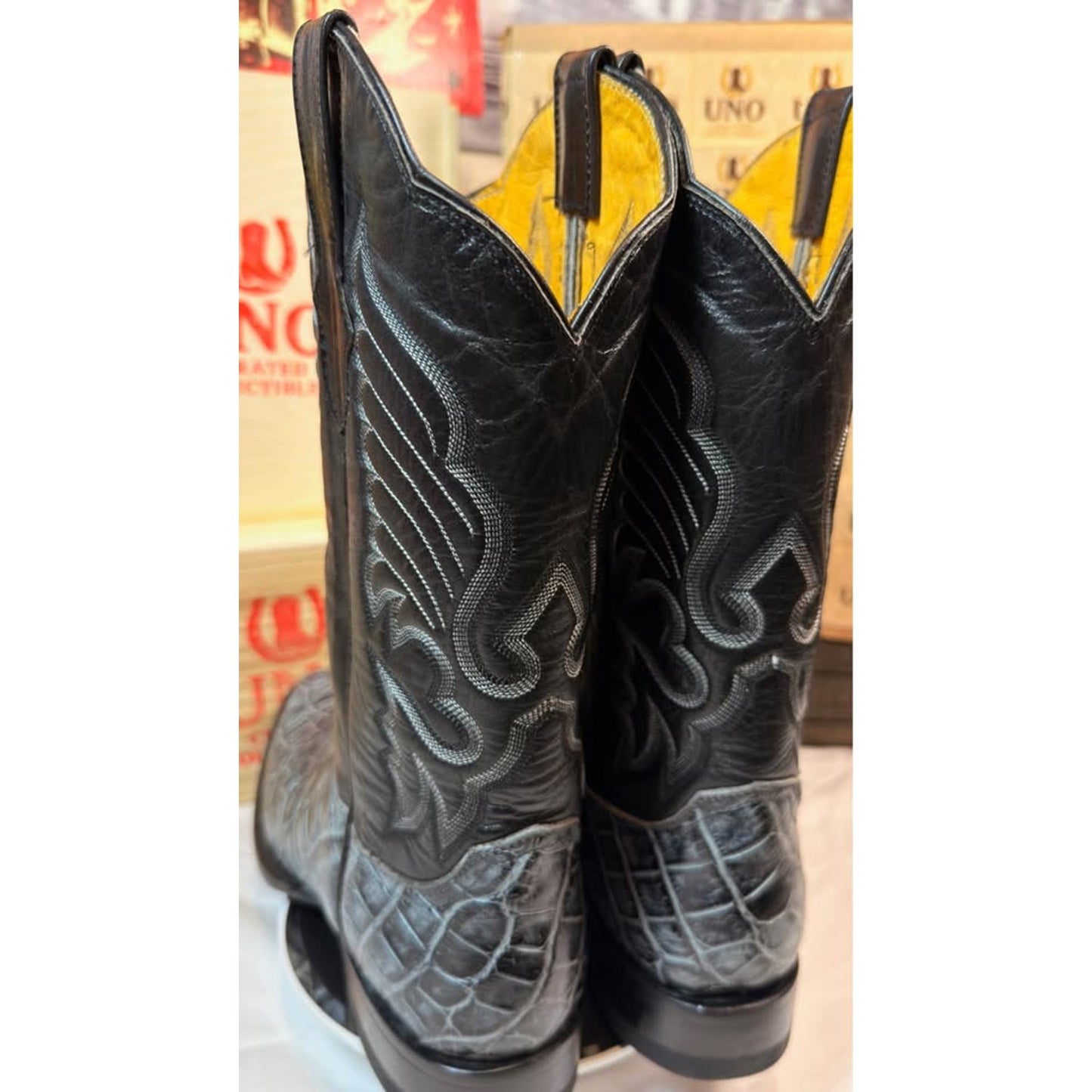 Genuine American Alligator Cowboy Boots — Black/Gray — Men’s 11.5 (fits 11E) — Handmade El Paso, TX