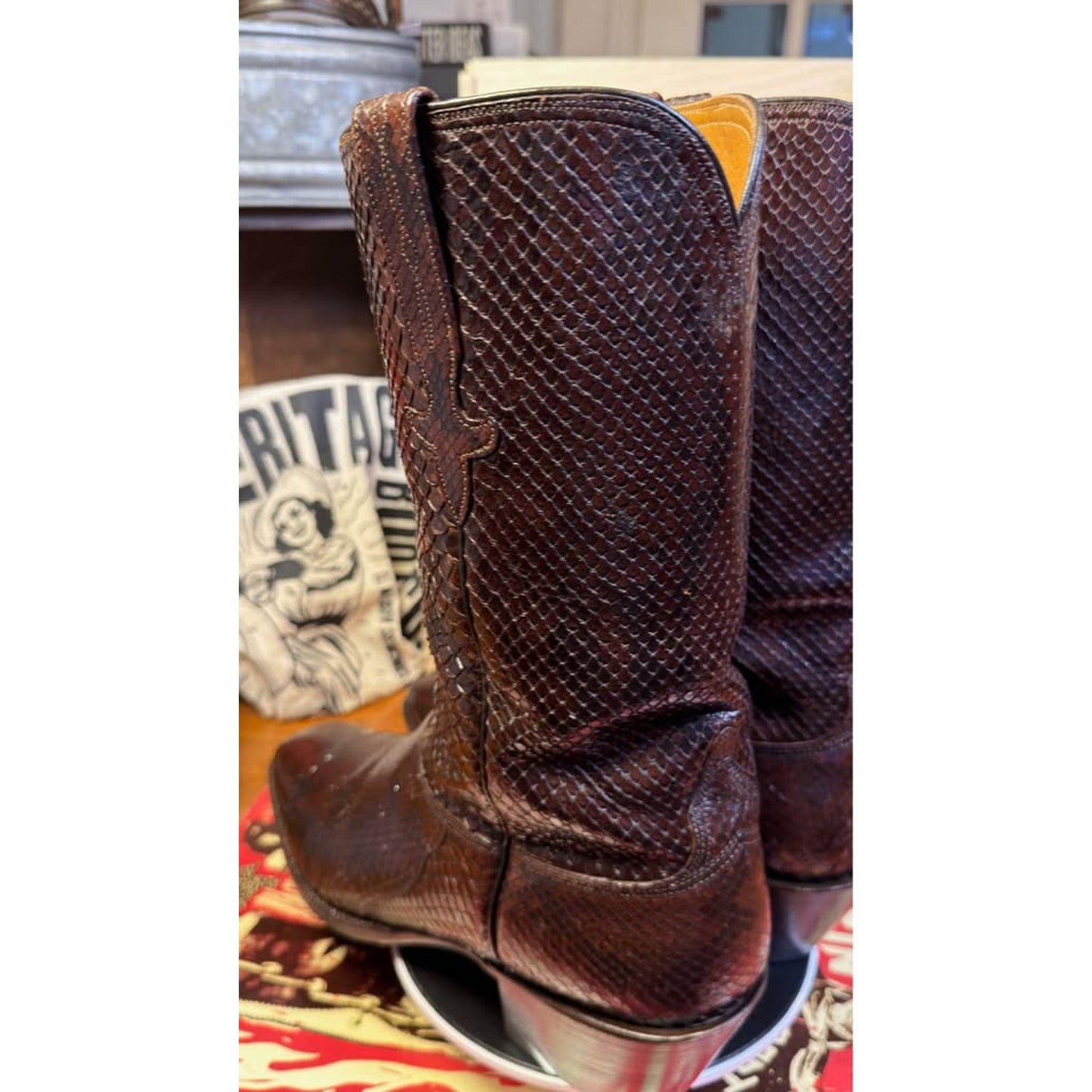 🐍VINTAGE LUCCHESE SAN ANTONIO BURMESE PYTHON BOOTS — DARK MAHOGANY | SIZE 11 D