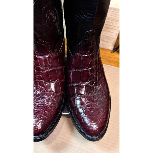 Custom Alligator Cowboy Boots — Burgundy/Black — Men’s 11.5 — One of a Kind, New Soles