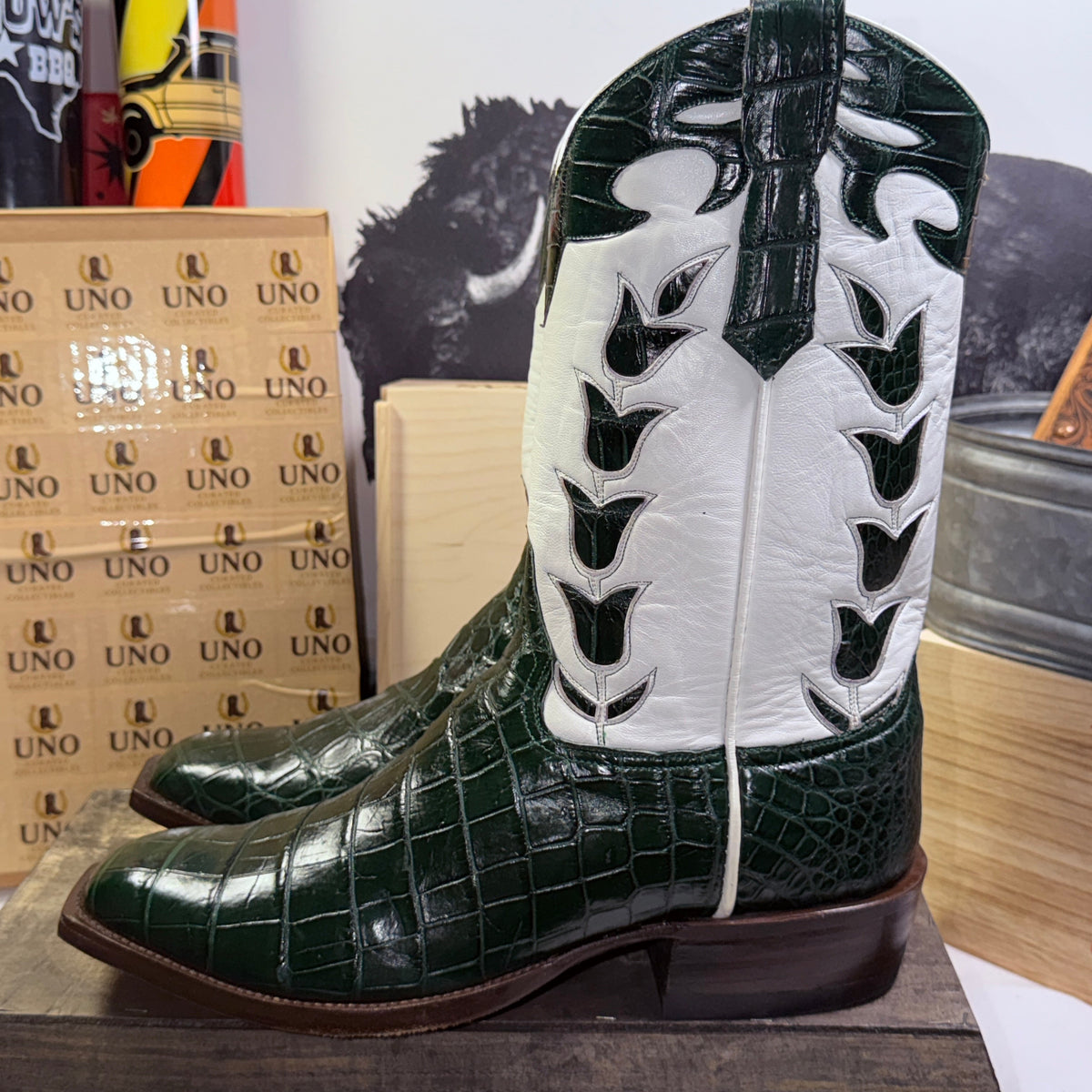 🐊 Forest Green Crocodile Belly Western Boots | Men’s 12D Tulip Inlay | Handmade in El Paso | - Image 4