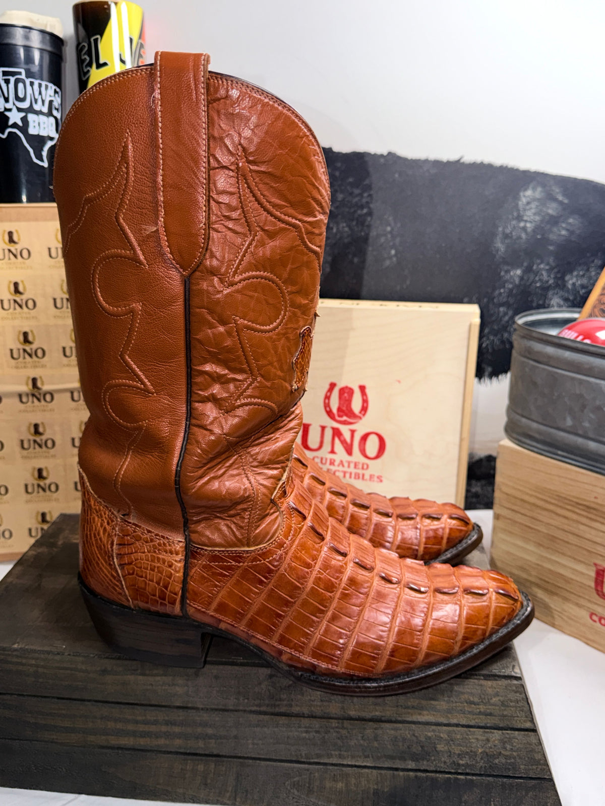 Handmade Cognac Caiman Hornback Tail Cowboy Boots – Men's 11EE – Exotic Western Boots - Image 2