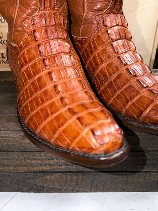 Handmade Cognac Caiman Hornback Tail Cowboy Boots – Men's 11EE – Exotic Western Boots - Image 1