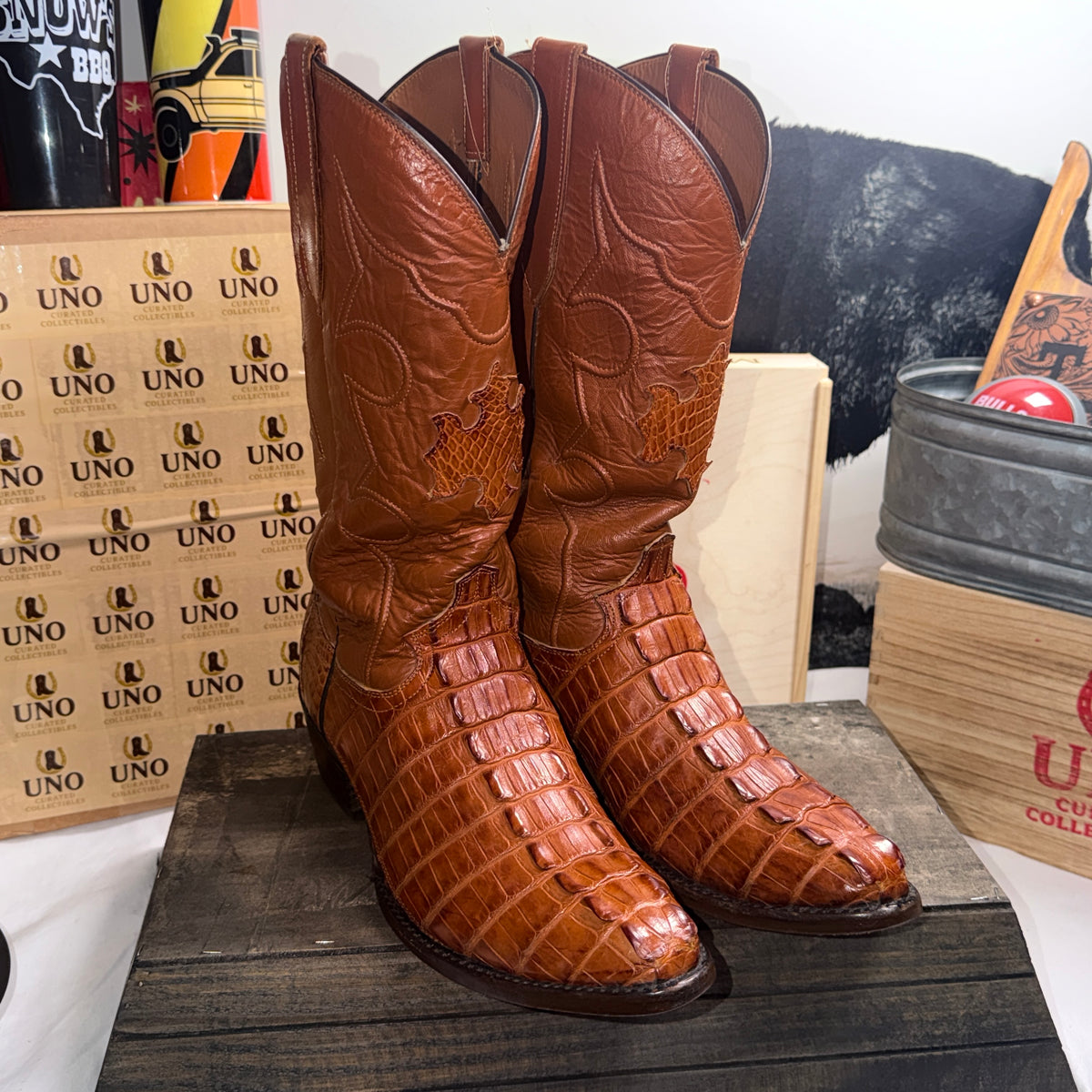 Handmade Cognac Caiman Hornback Tail Cowboy Boots – Men's 11EE – Exotic Western Boots - Image 7