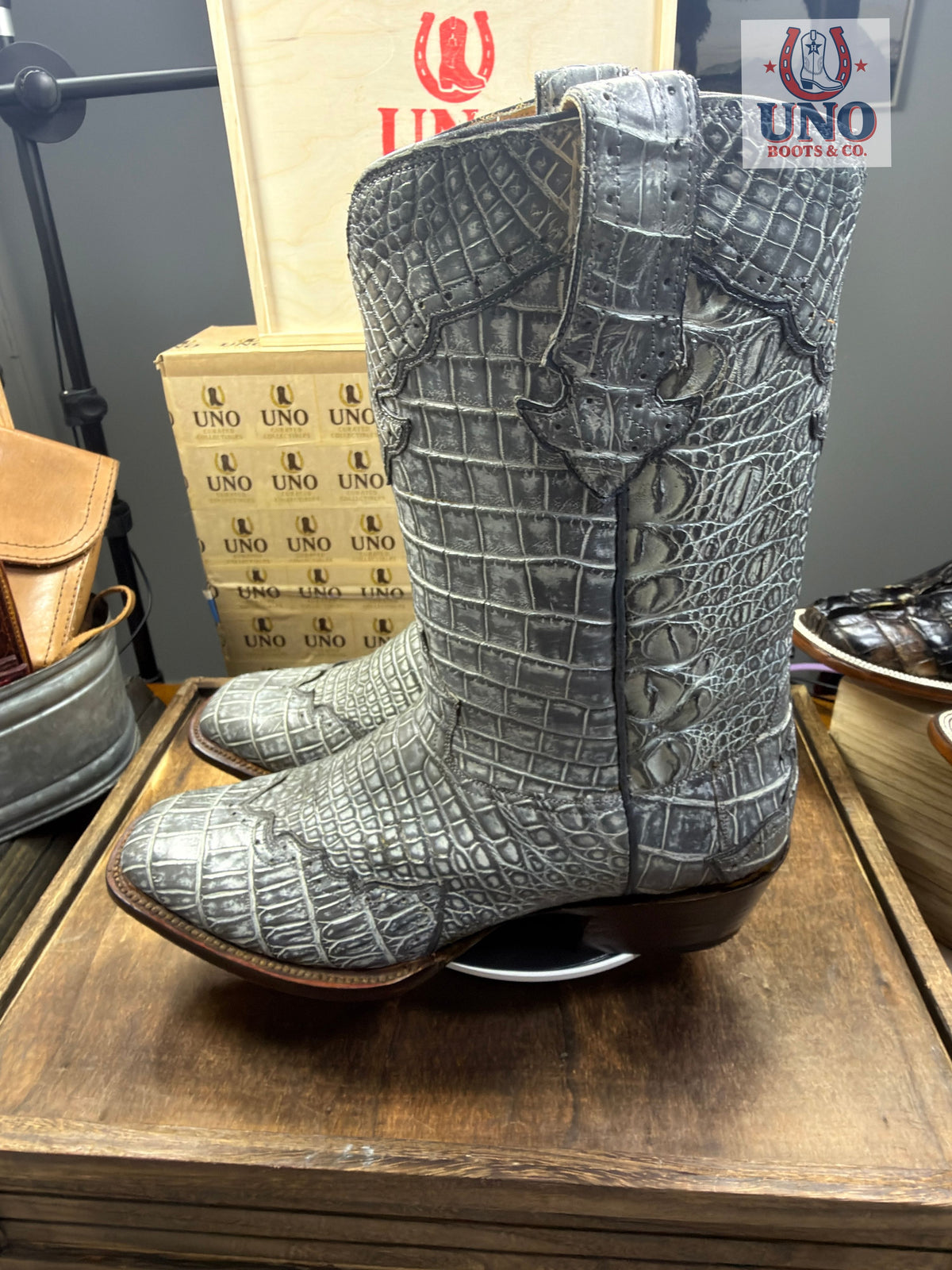 Crocodile Boots – Majestic Style, Scalloped Wingtip & Collar – Antique Gray – Men's 11.5D – Brand New - Image 12