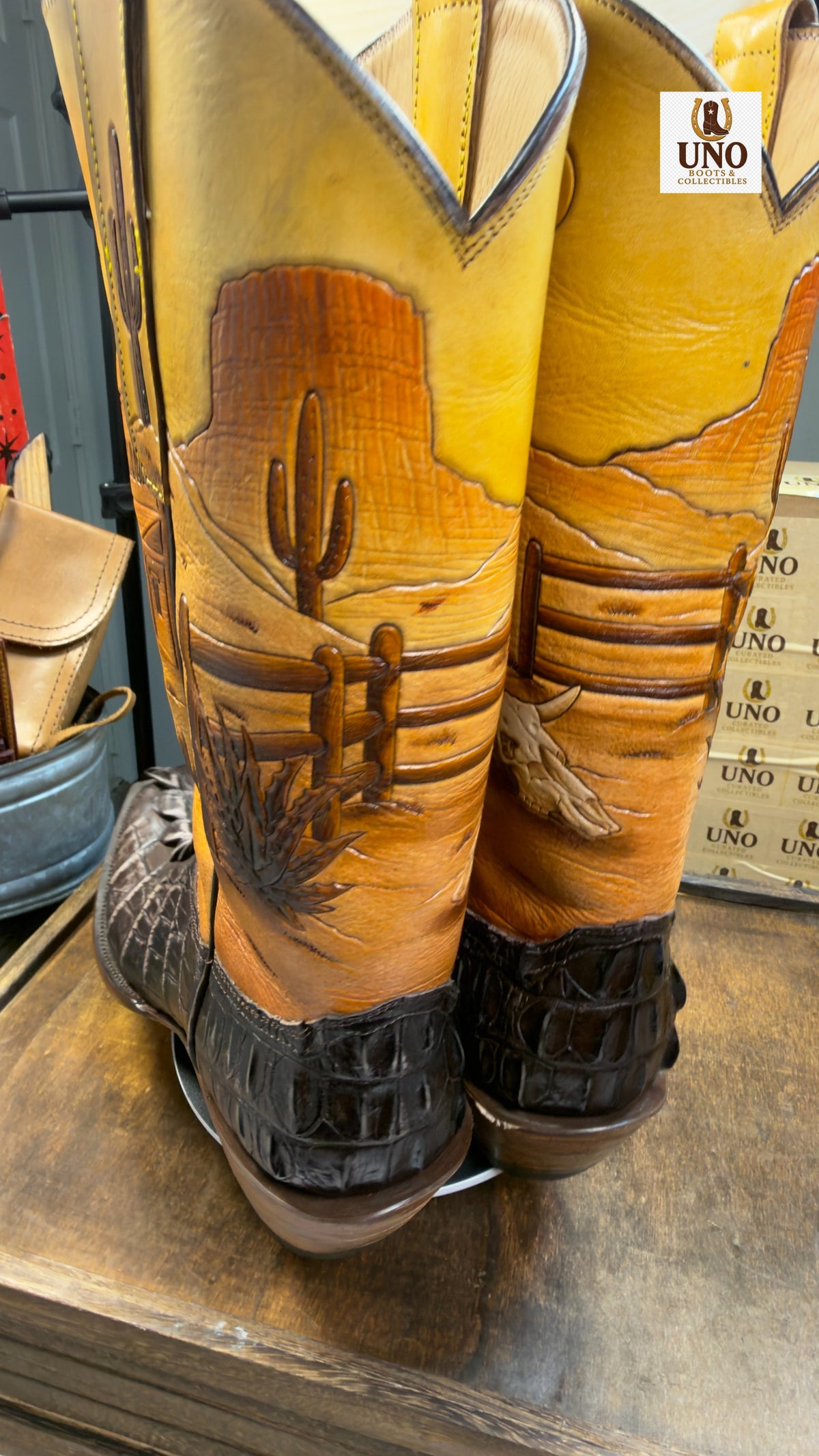 One-of-a-Kind Handmade El Paso Crocodile Tail Boots — Hand-Tooled Western Scene Shafts — Men's 11.5E / 12D — Brand New - Image 9