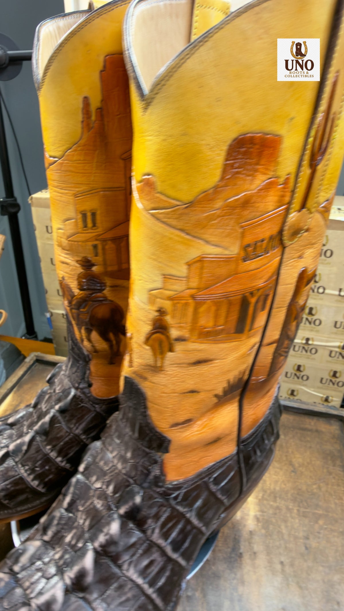 One-of-a-Kind Handmade El Paso Crocodile Tail Boots — Hand-Tooled Western Scene Shafts — Men's 11.5E / 12D — Brand New - Image 7