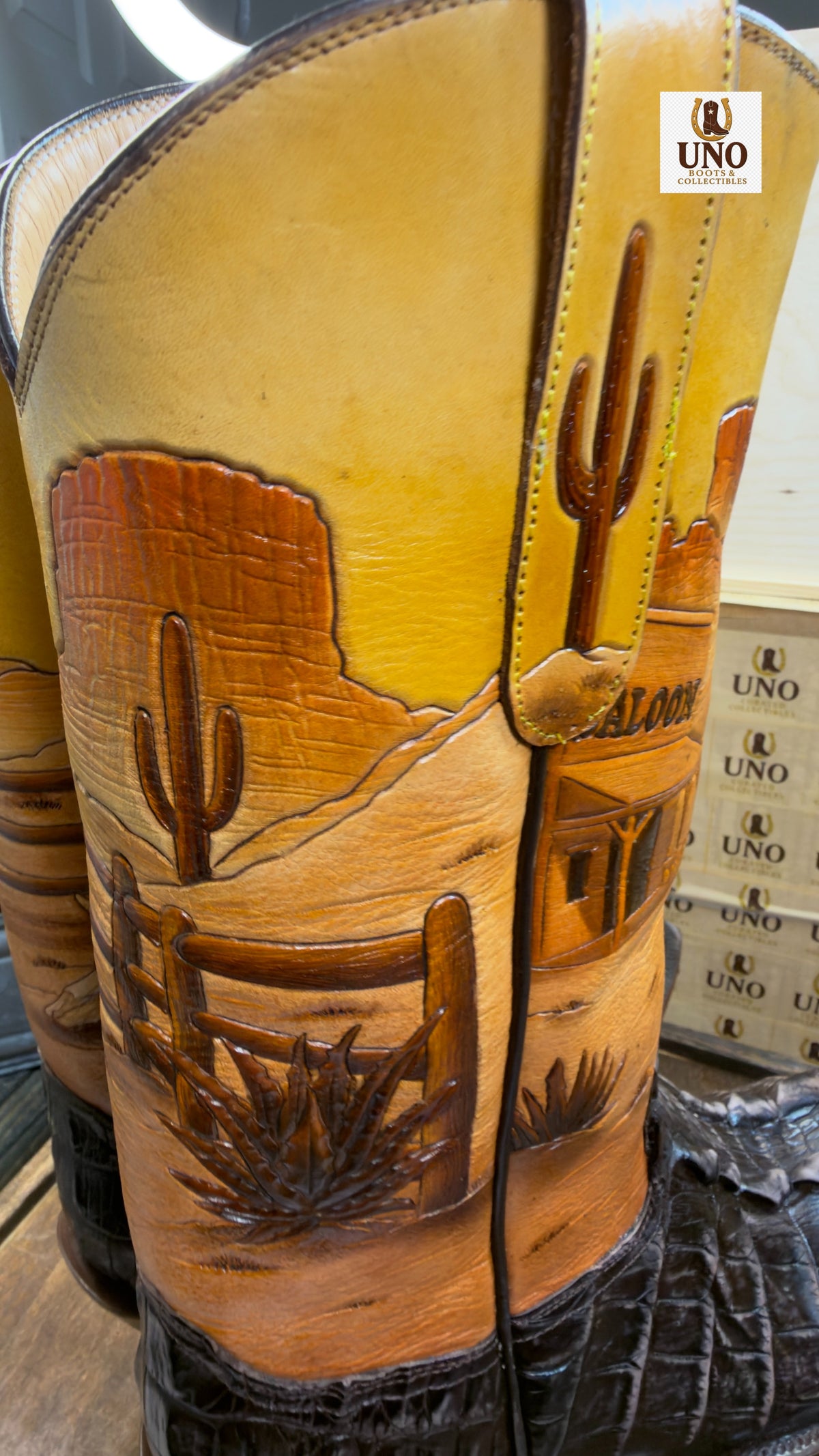 One-of-a-Kind Handmade El Paso Crocodile Tail Boots — Hand-Tooled Western Scene Shafts — Men's 11.5E / 12D — Brand New - Image 12