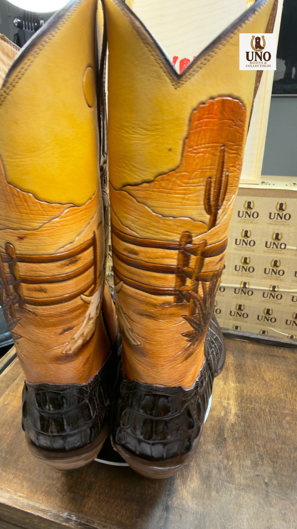 One-of-a-Kind Handmade El Paso Crocodile Tail Boots — Hand-Tooled Western Scene Shafts — Men's 11.5E / 12D — Brand New - Image 11