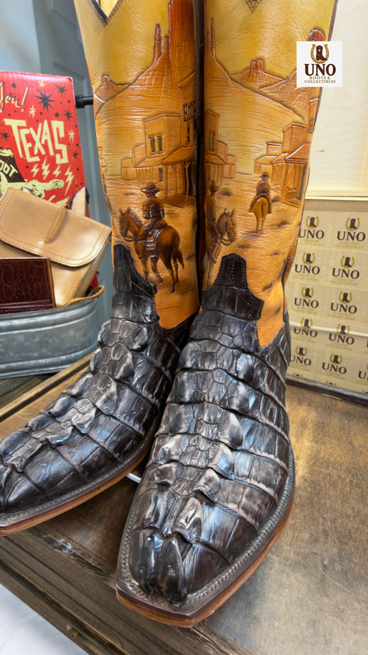One-of-a-Kind Handmade El Paso Crocodile Tail Boots — Hand-Tooled Western Scene Shafts — Men's 11.5E / 12D — Brand New - Image 2