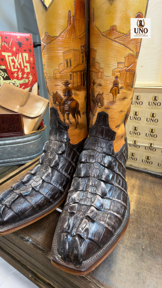One-of-a-Kind Handmade El Paso Crocodile Tail Boots — Hand-Tooled Western Scene Shafts — Men's 11.5E / 12D — Brand New - Image 2