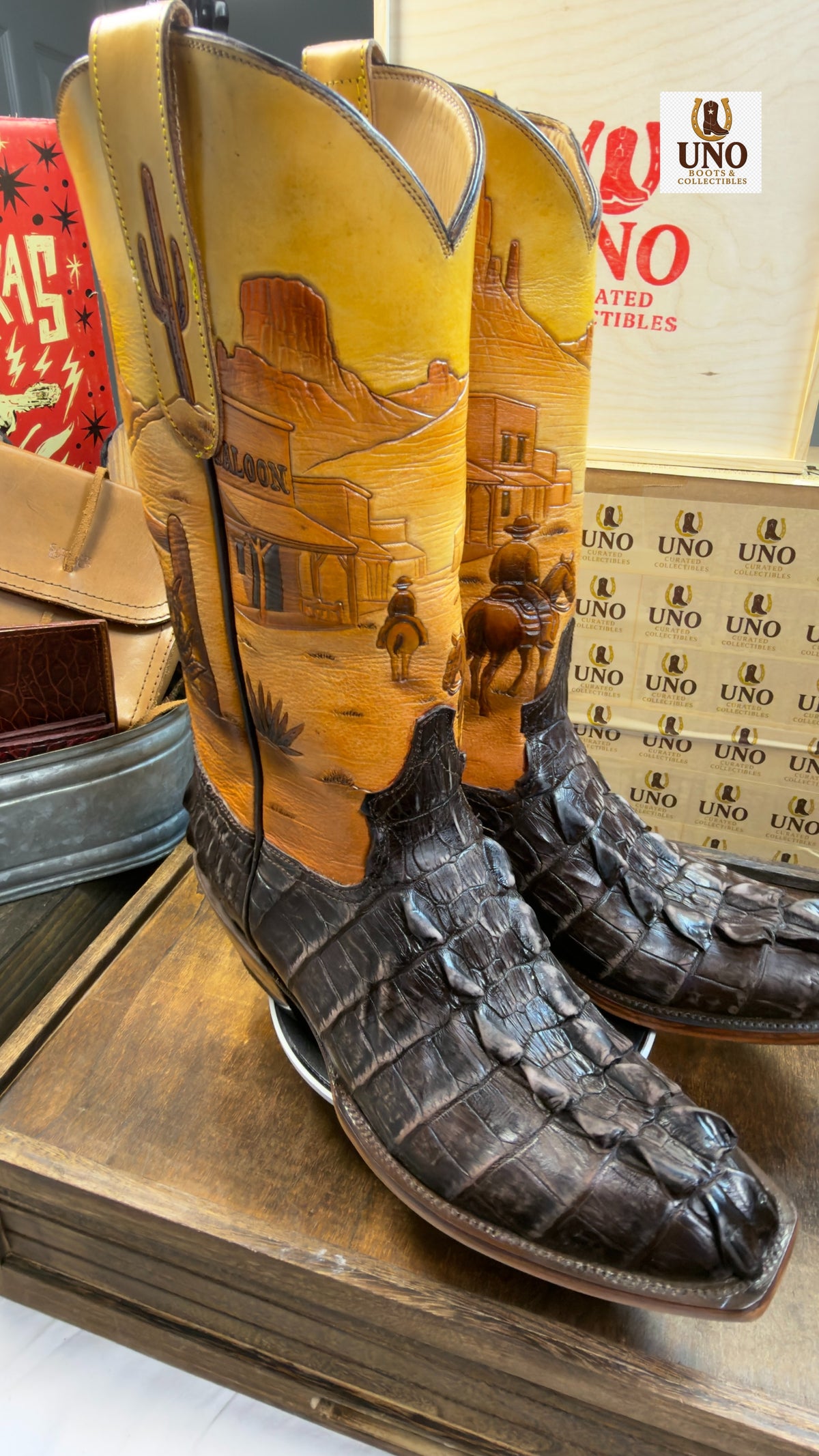 One-of-a-Kind Handmade El Paso Crocodile Tail Boots — Hand-Tooled Western Scene Shafts — Men's 11.5E / 12D — Brand New - Image 5