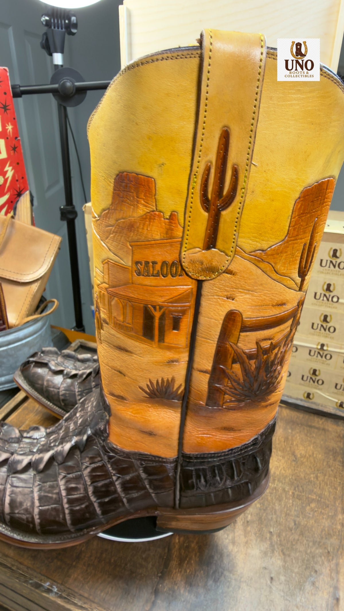 One-of-a-Kind Handmade El Paso Crocodile Tail Boots — Hand-Tooled Western Scene Shafts — Men's 11.5E / 12D — Brand New - Image 8