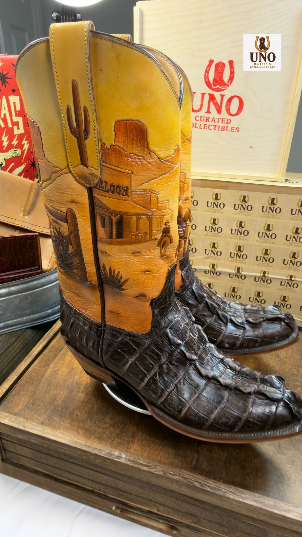 One-of-a-Kind Handmade El Paso Crocodile Tail Boots — Hand-Tooled Western Scene Shafts — Men's 11.5E / 12D — Brand New - Image 3