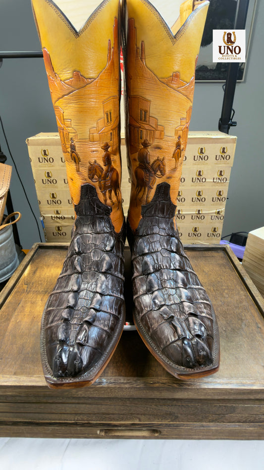 One-of-a-Kind Handmade El Paso Crocodile Tail Boots — Hand-Tooled Western Scene Shafts — Men's 11.5E / 12D — Brand New - Image 1