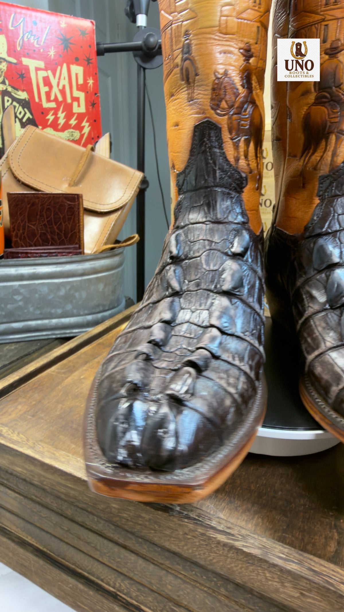 One-of-a-Kind Handmade El Paso Crocodile Tail Boots — Hand-Tooled Western Scene Shafts — Men's 11.5E / 12D — Brand New - Image 4