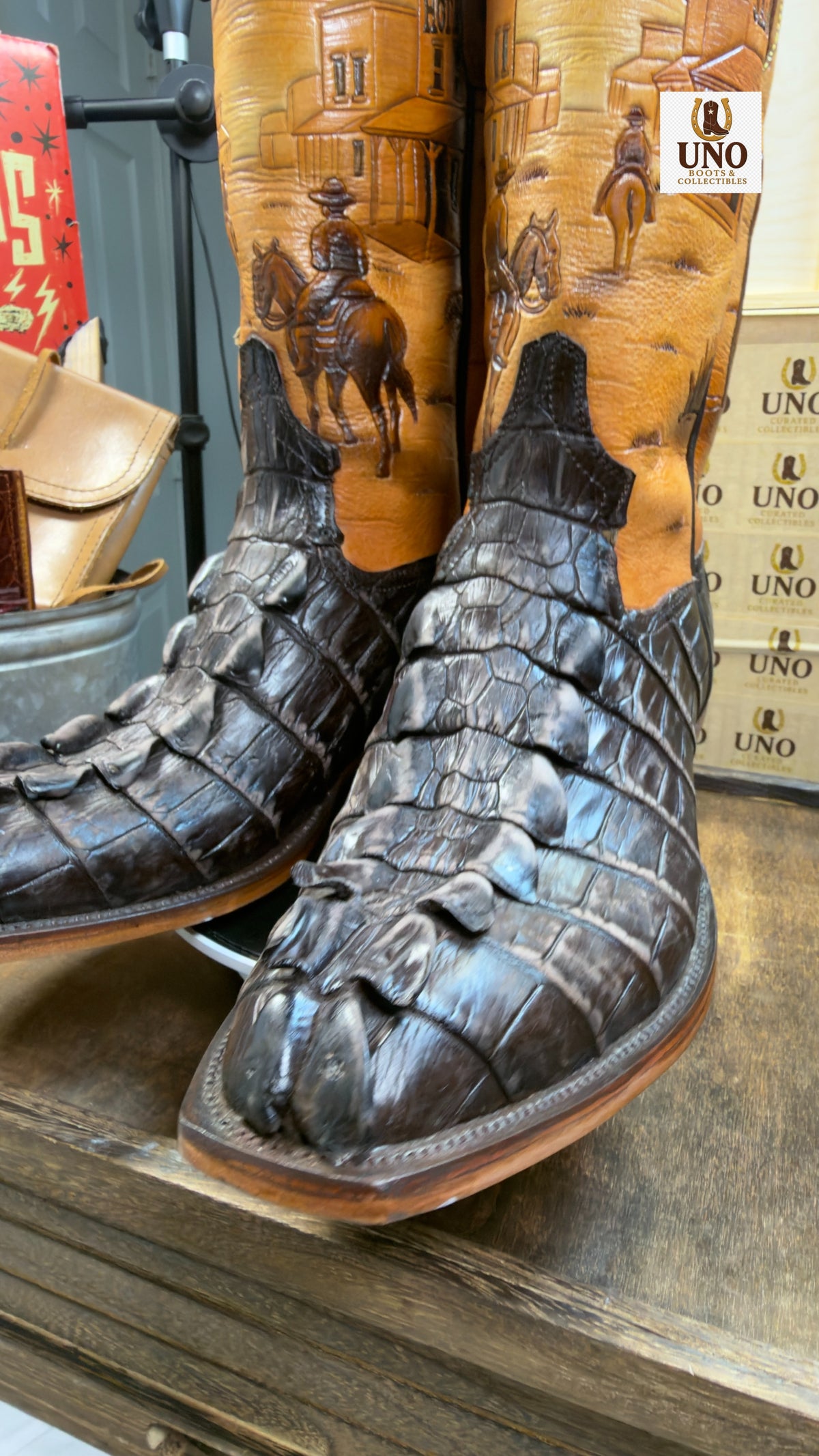 One-of-a-Kind Handmade El Paso Crocodile Tail Boots — Hand-Tooled Western Scene Shafts — Men's 11.5E / 12D — Brand New - Image 6