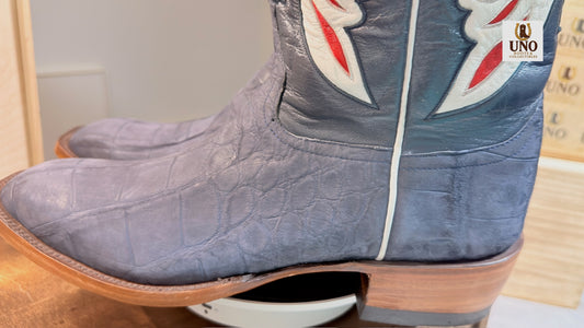 Handmade El Paso Blue Alligator Boots – French Toe – Multicolor Eagle Inlay Shafts – Men's 10 – New, Never Worn - Image 1