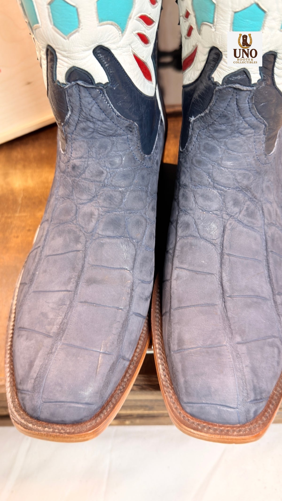 Handmade El Paso Blue Alligator Boots – French Toe – Multicolor Eagle Inlay Shafts – Men's 10 – New, Never Worn - Image 9