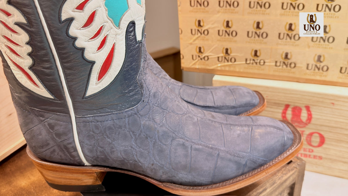Handmade El Paso Blue Alligator Boots – French Toe – Multicolor Eagle Inlay Shafts – Men's 10 – New, Never Worn - Image 6