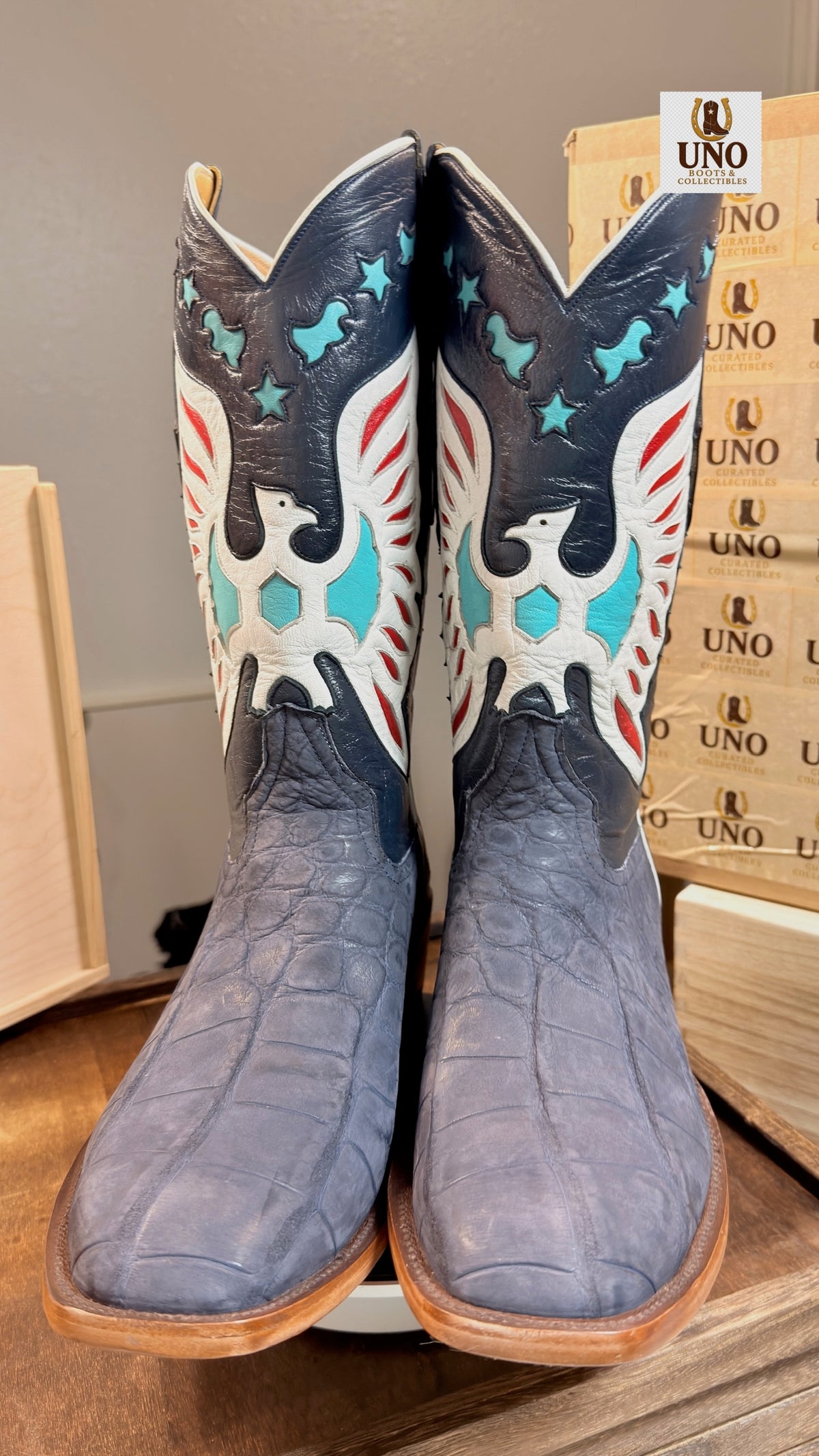 Handmade El Paso Blue Alligator Boots – French Toe – Multicolor Eagle Inlay Shafts – Men's 10 – New, Never Worn - Image 8