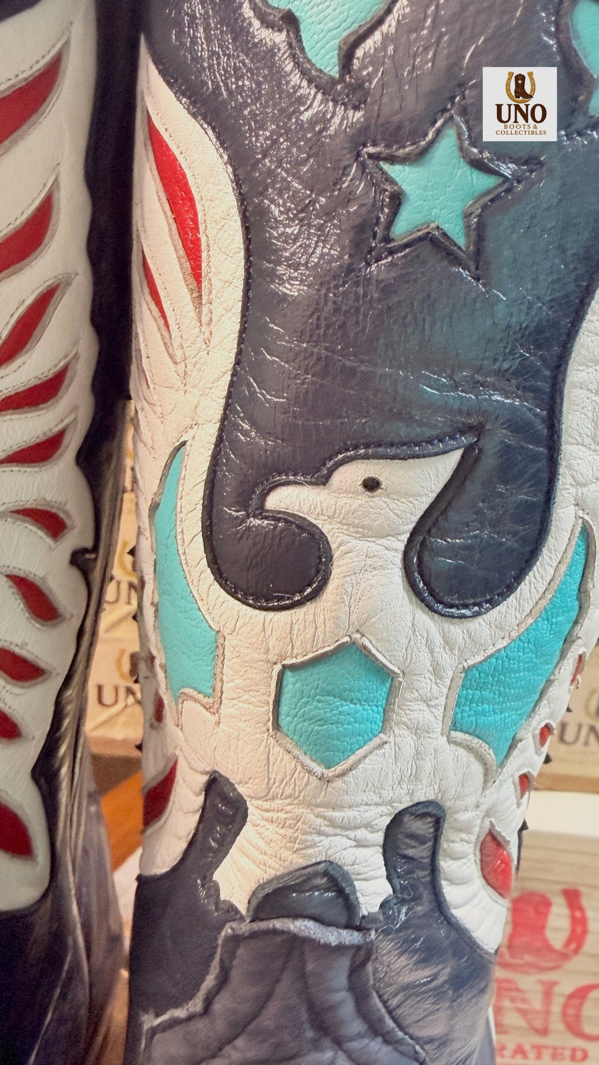 Handmade El Paso Blue Alligator Boots – French Toe – Multicolor Eagle Inlay Shafts – Men's 10 – New, Never Worn - Image 10