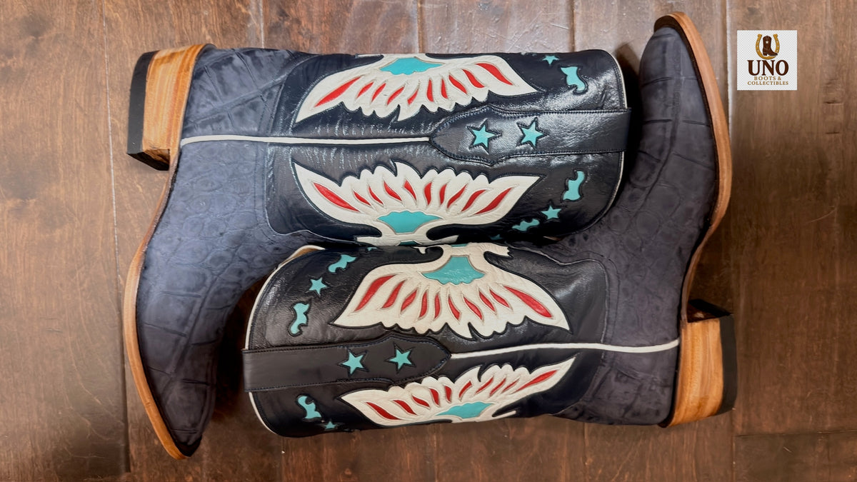 Handmade El Paso Blue Alligator Boots – French Toe – Multicolor Eagle Inlay Shafts – Men's 10 – New, Never Worn - Image 14