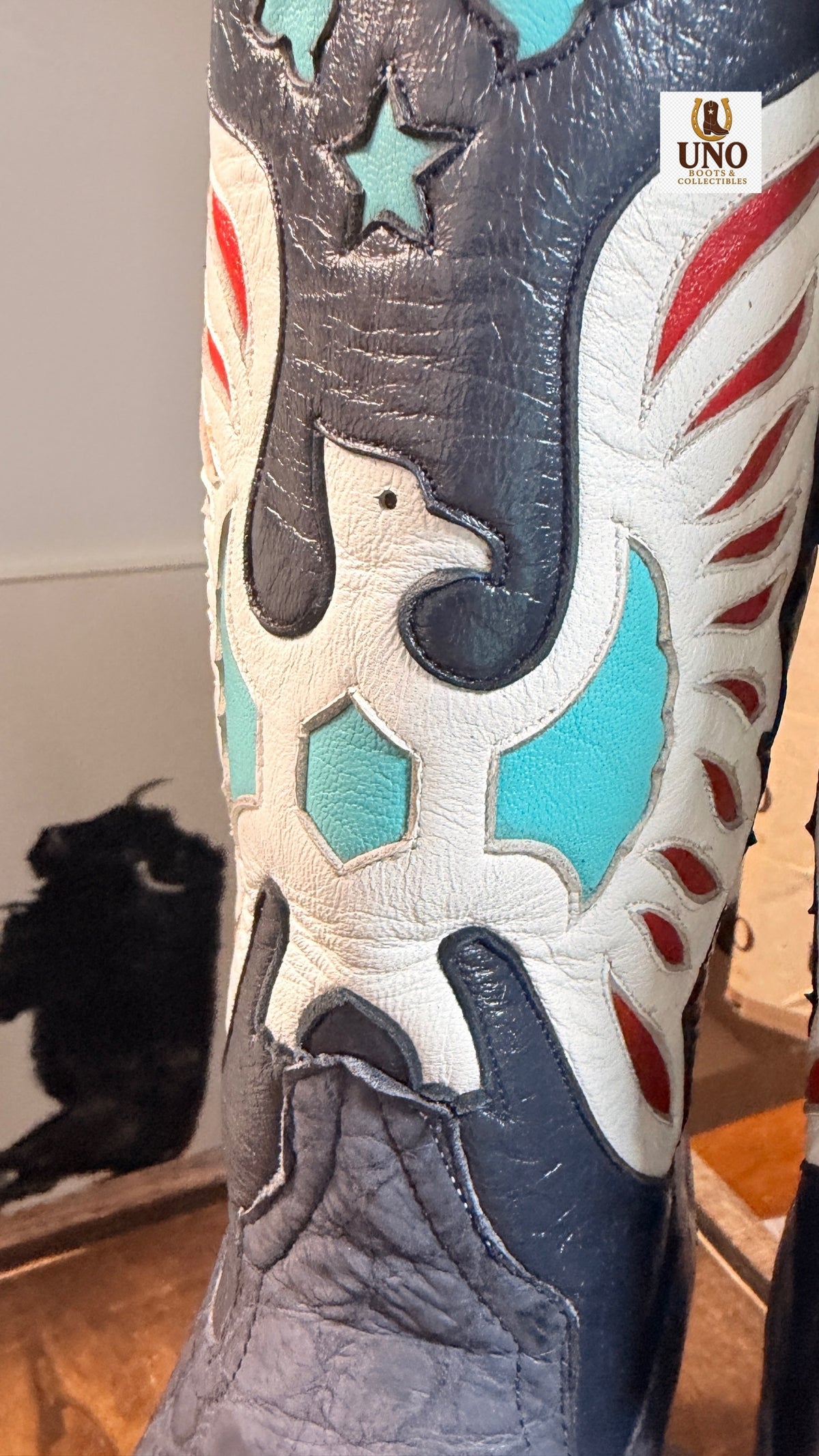Handmade El Paso Blue Alligator Boots – French Toe – Multicolor Eagle Inlay Shafts – Men's 10 – New, Never Worn - Image 11