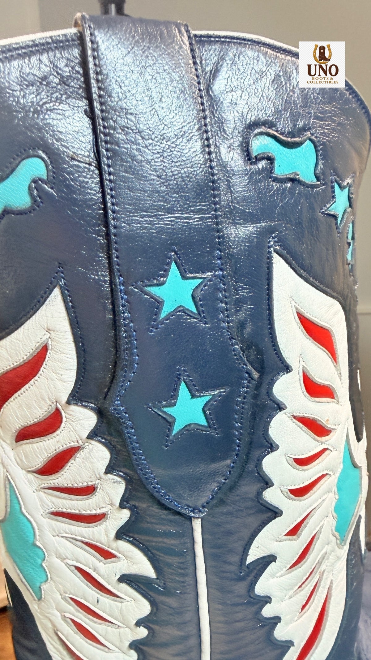 Handmade El Paso Blue Alligator Boots – French Toe – Multicolor Eagle Inlay Shafts – Men's 10 – New, Never Worn - Image 4