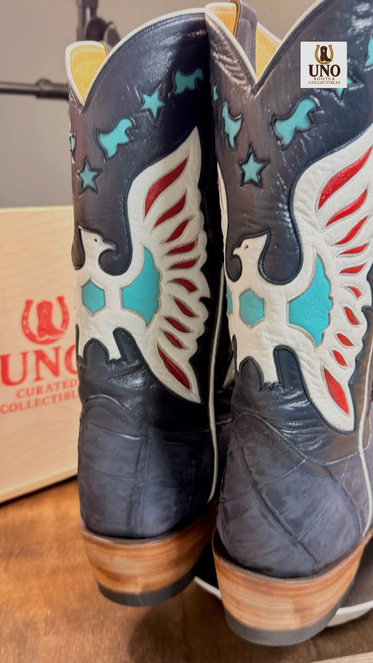 Handmade El Paso Blue Alligator Boots – French Toe – Multicolor Eagle Inlay Shafts – Men's 10 – New, Never Worn - Image 5