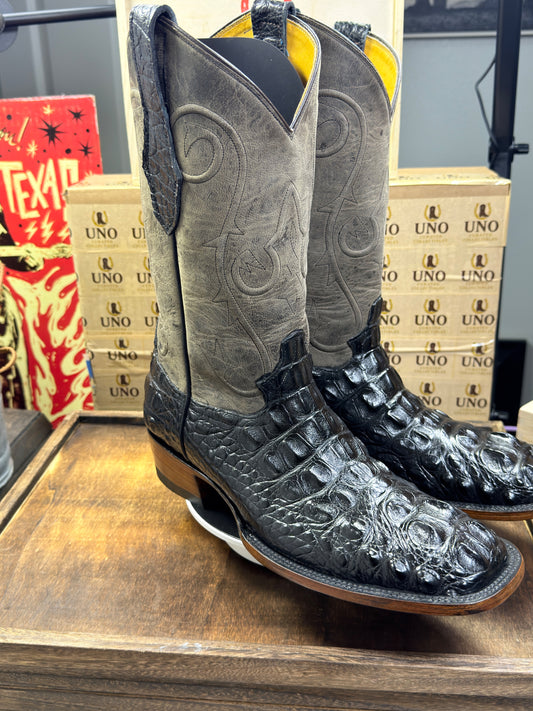 Handmade El Paso American Alligator Neck Cut Boots – Black with Gray Distressed Shafts – Square Toe – Men's 11 – Brand New
