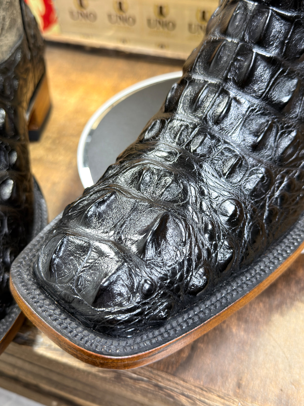 Handmade El Paso American Alligator Neck Cut Boots – Black with Gray Distressed Shafts – Square Toe – Men's 11 – Brand New