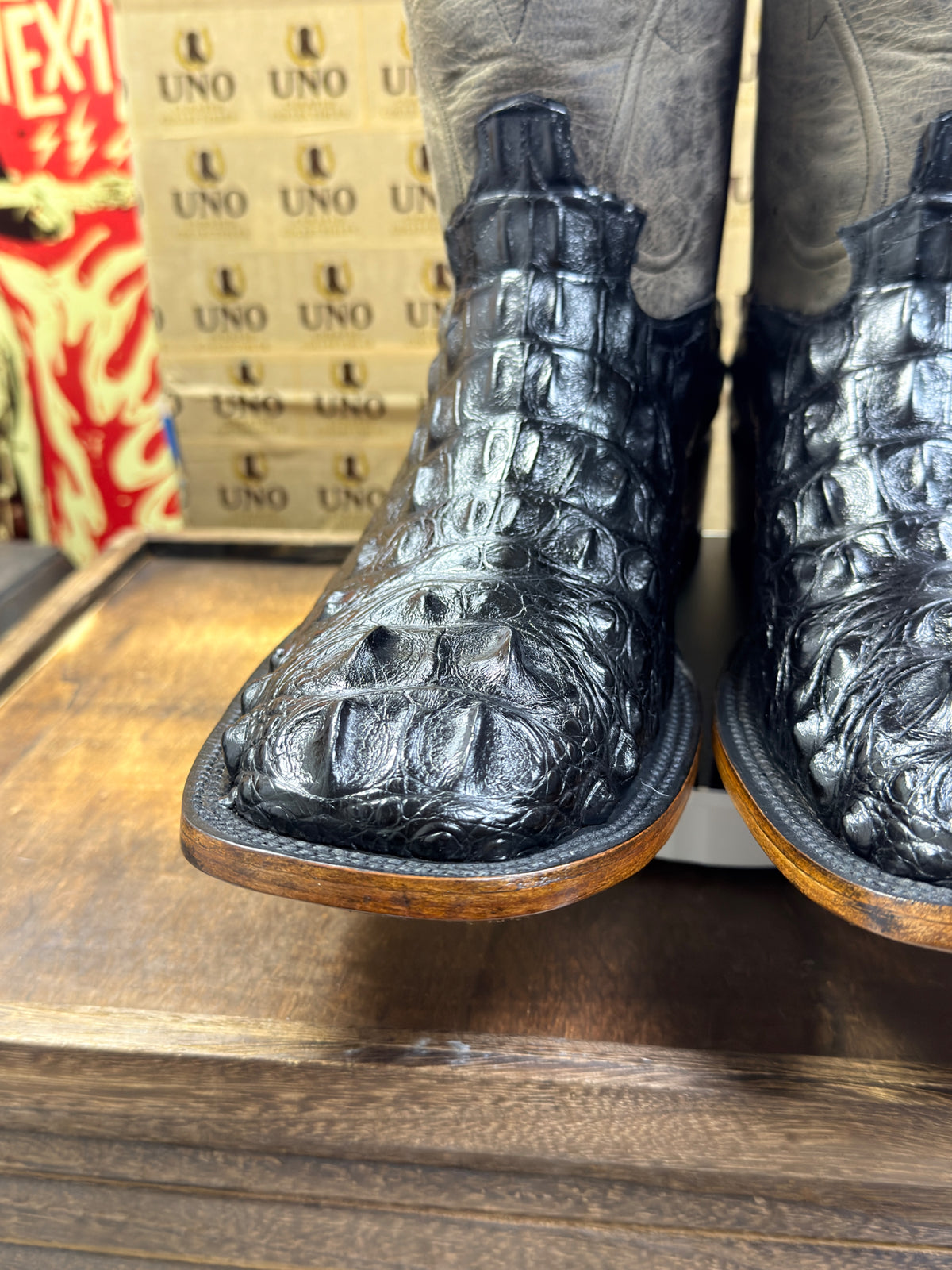Handmade El Paso American Alligator Neck Cut Boots – Black with Gray Distressed Shafts – Square Toe – Men's 11 – Brand New
