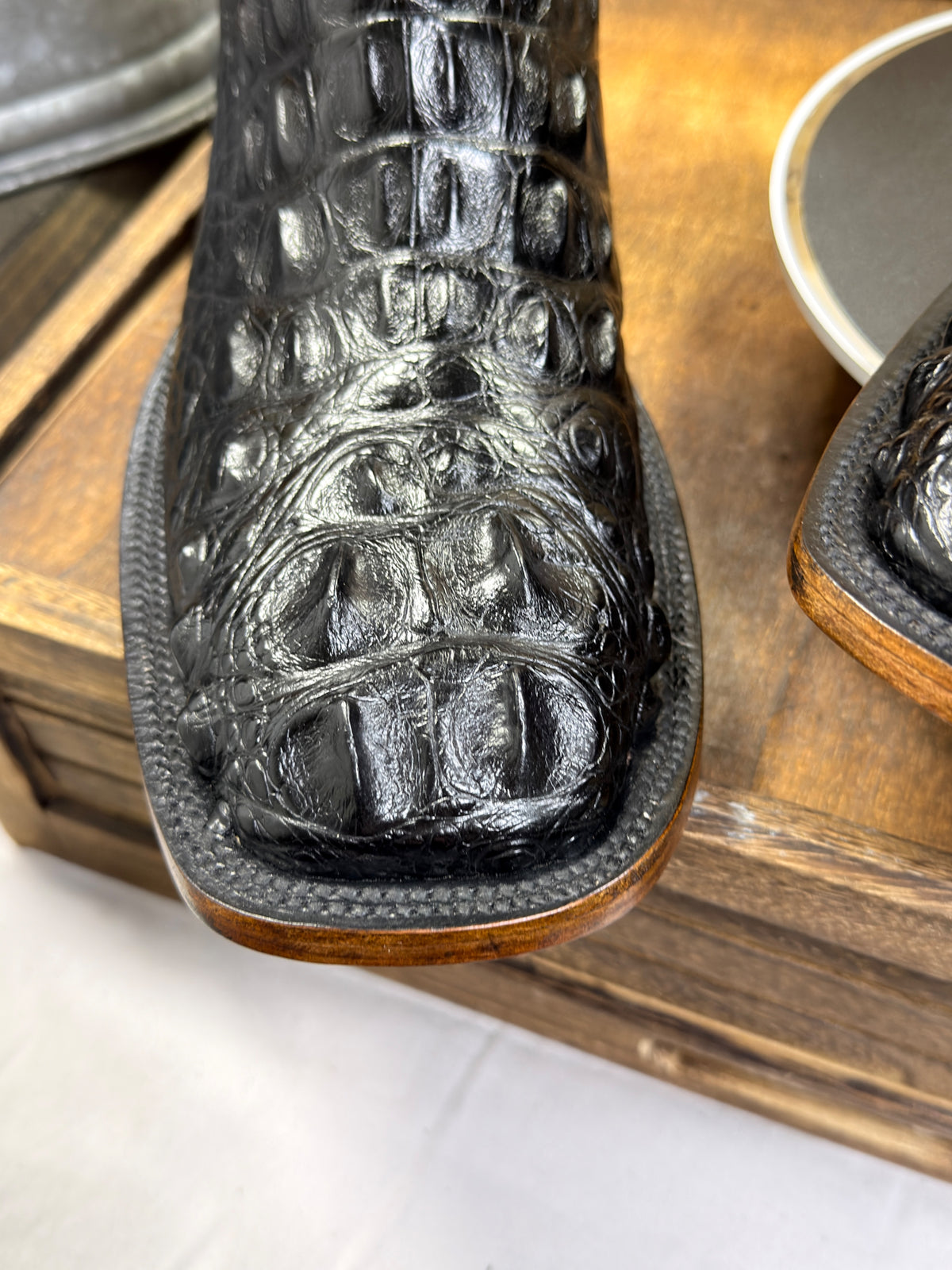 Handmade El Paso American Alligator Neck Cut Boots – Black with Gray Distressed Shafts – Square Toe – Men's 11 – Brand New