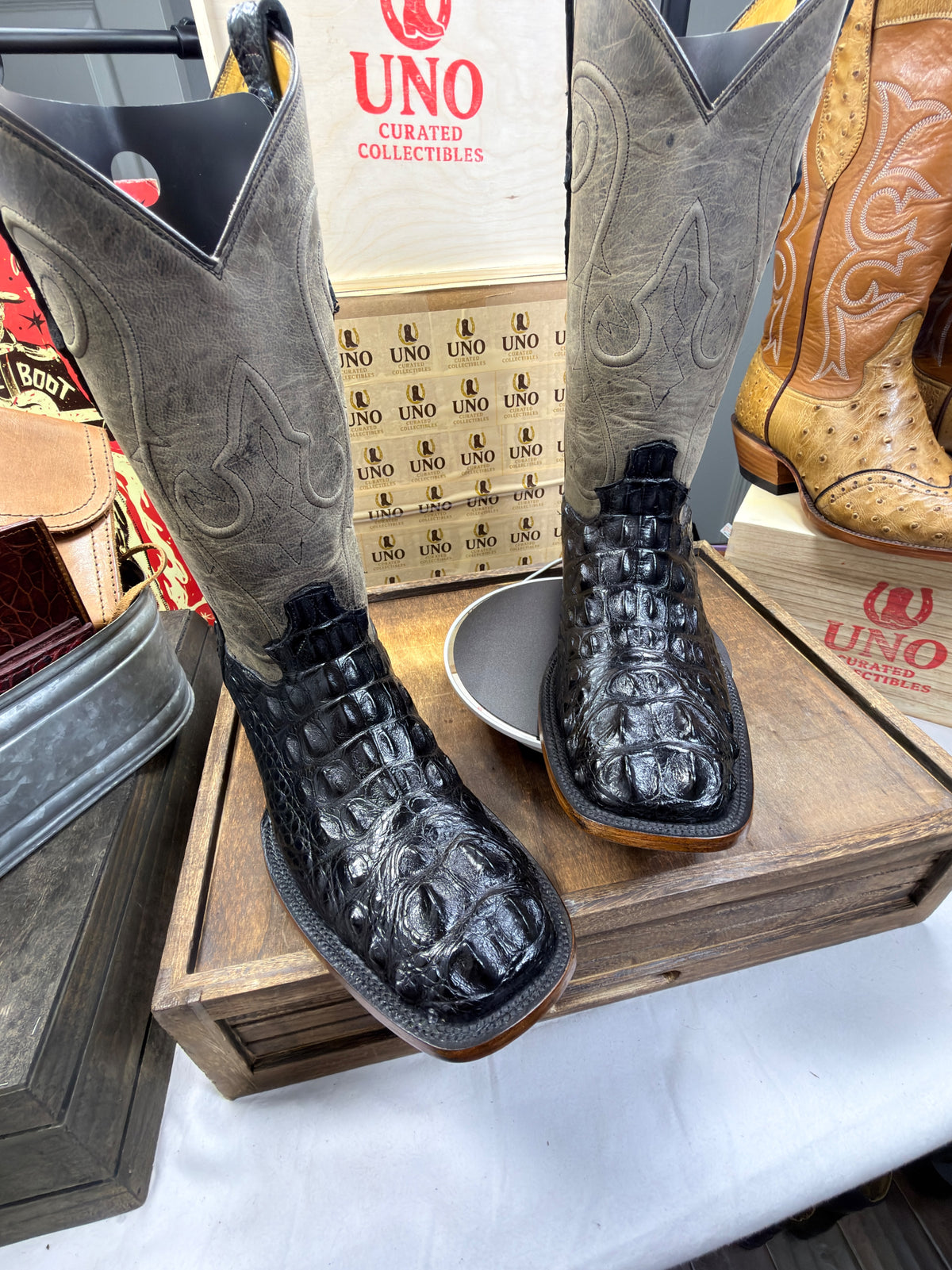 Handmade El Paso American Alligator Neck Cut Boots – Black with Gray Distressed Shafts – Square Toe – Men's 11 – Brand New