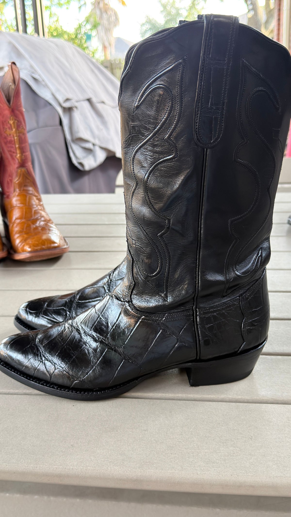 Nacona Large Scale Bias Cut Alligator Boots — Black on Black — Size 12 — Fresh Soles - Image 4