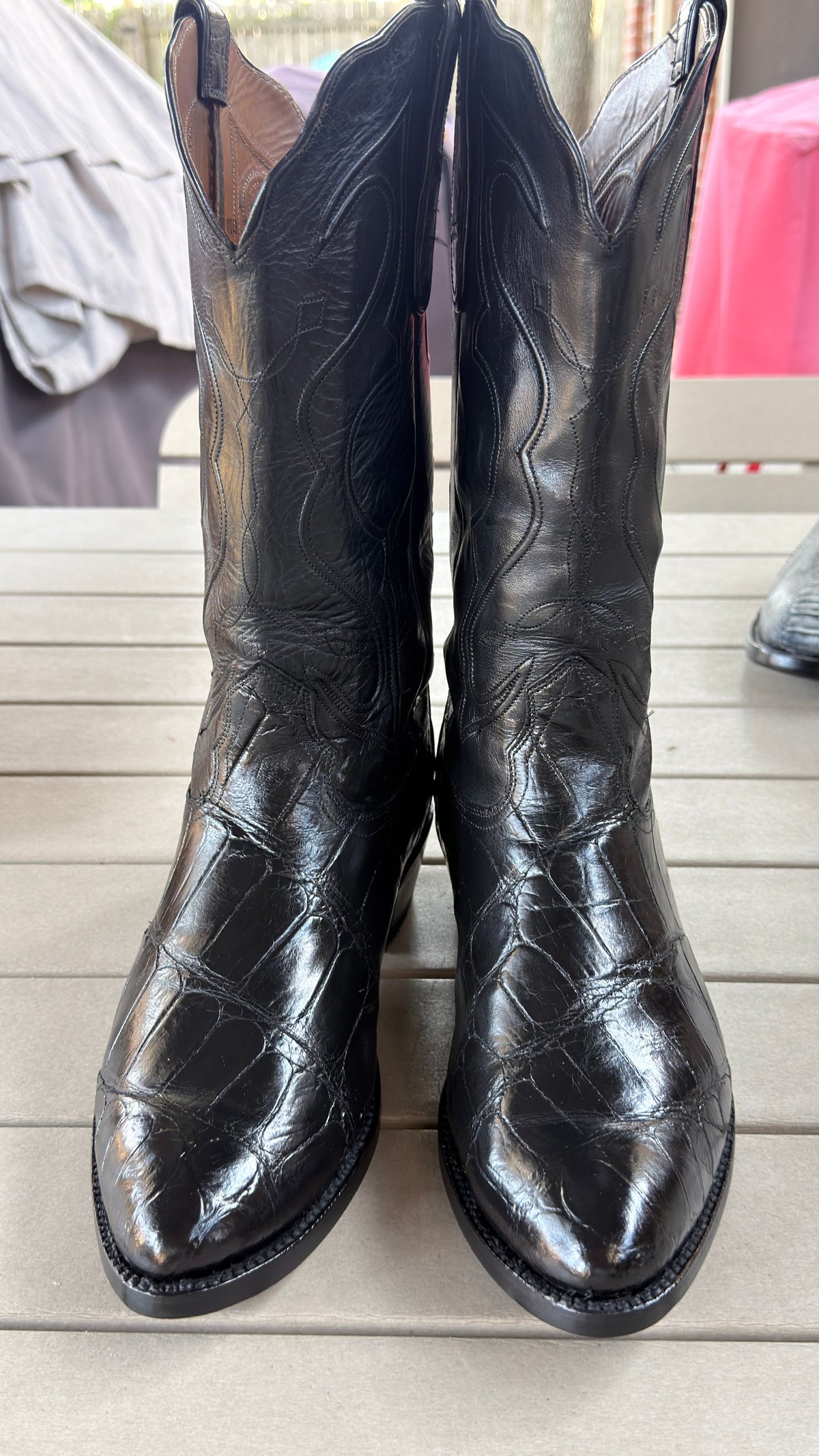 Nacona Large Scale Bias Cut Alligator Boots — Black on Black — Size 12 — Fresh Soles - Image 1