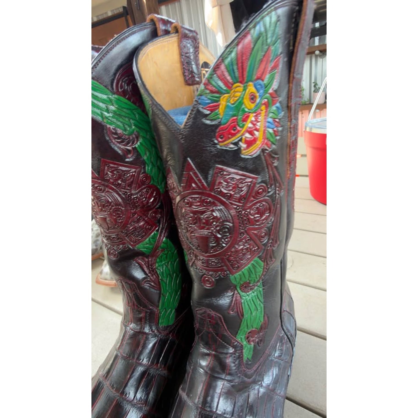 🐊CUSTOM HANDMADE CROCODILE BELLY “AZTEC CALENDAR” BOOTS — BLACK CHERRY | SIZE 11.5 | FRENCH TOE |