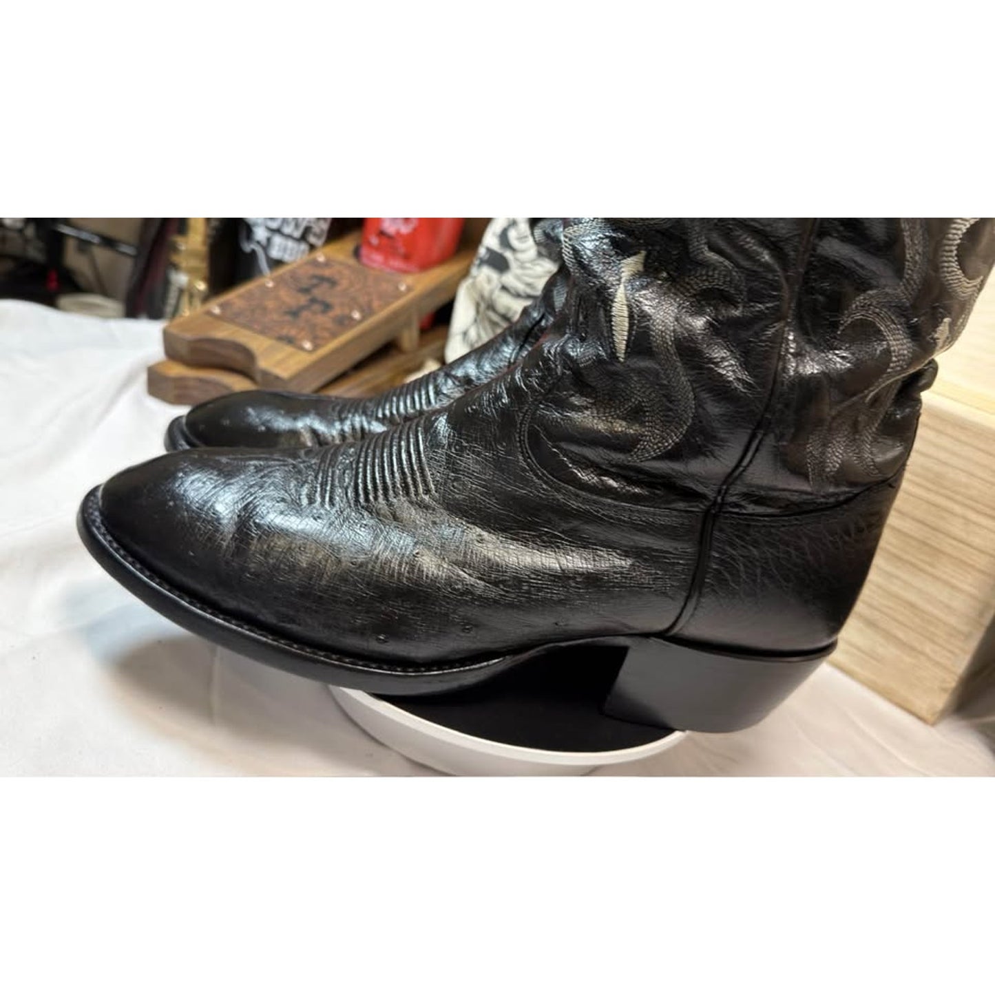Tony Lama Smooth Ostrich Boots — Black with Silver Flame Embroidery — Size 10.5 D — Used, Excellent