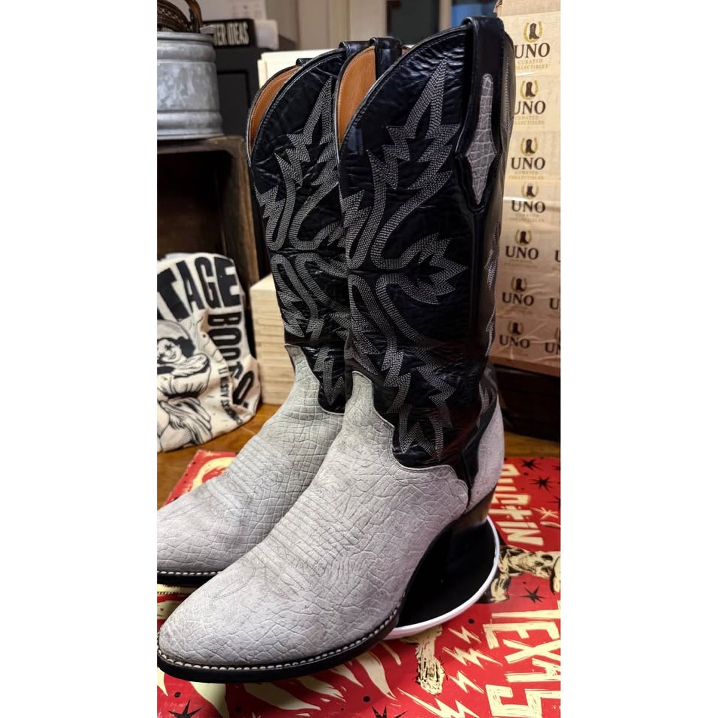 🦛EL DORADO HANDMADE HIPPOPOTAMUS BOOTS — GRAY & BLACK | SIZE 10 D