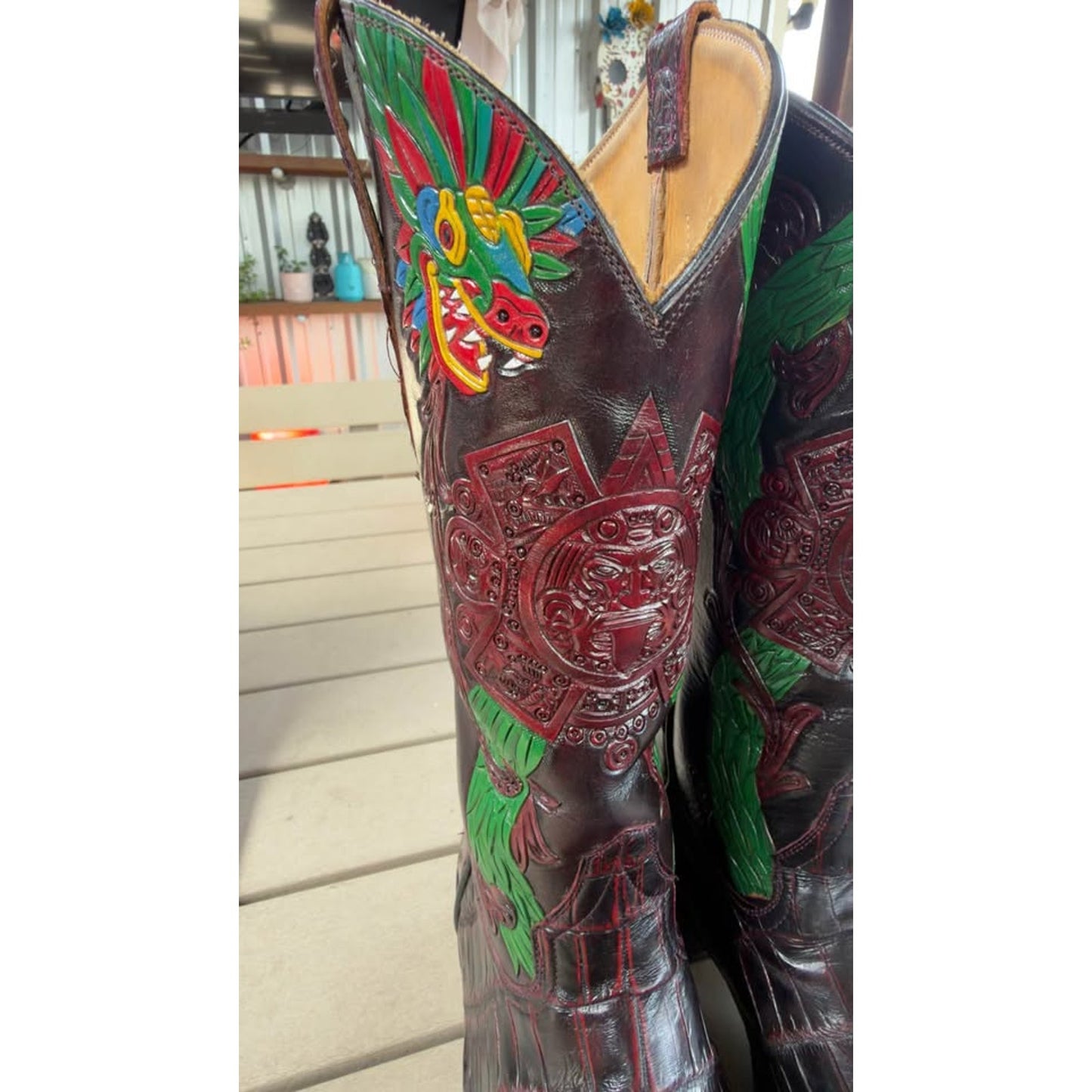 🐊CUSTOM HANDMADE CROCODILE BELLY “AZTEC CALENDAR” BOOTS — BLACK CHERRY | SIZE 11.5 | FRENCH TOE |