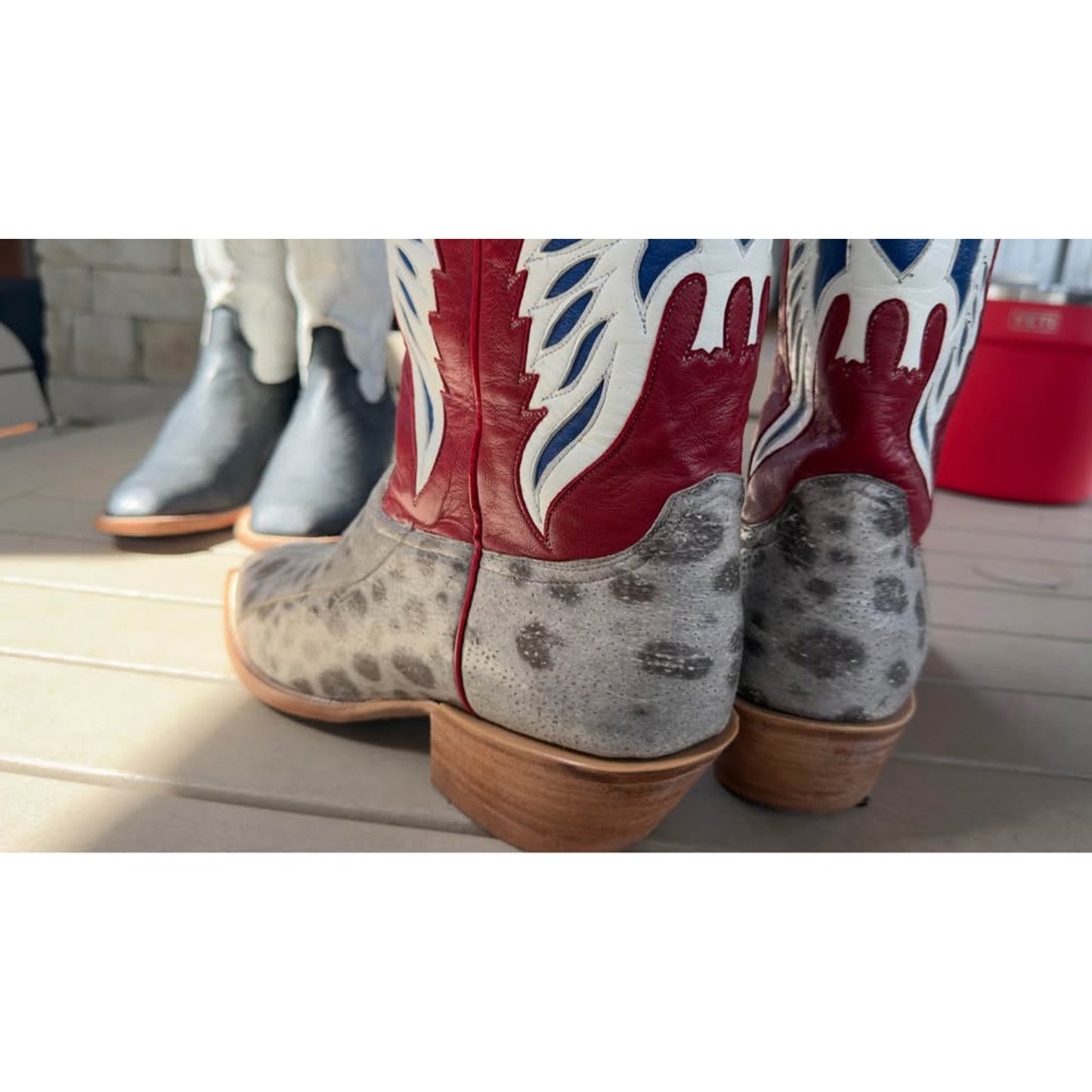 🐟CUSTOM HANDMADE WOLF FISH WESTERN BOOTS — RED WHITE & BLUE PATRIOT SHAFT | SIZE 11.5 | WITH MATCH