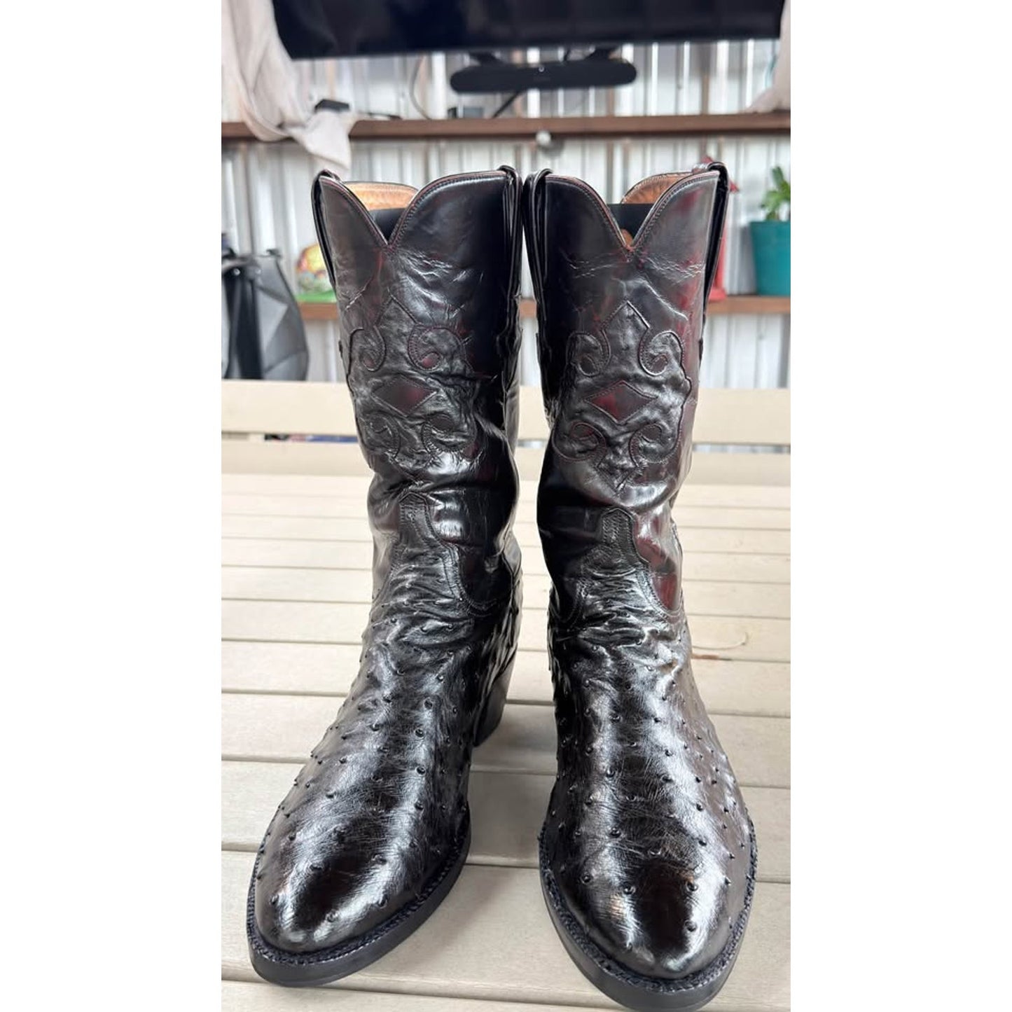 🐧LUCCHESE CLASSICS HANDMADE BLACK CHERRY FULL QUILL OSTRICH BOOTS — SIZE 13 D