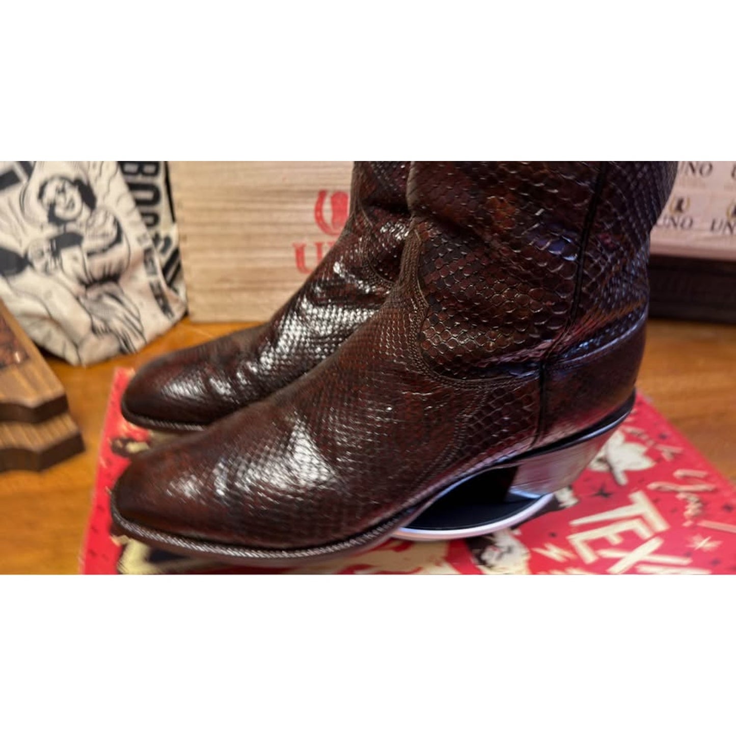 🐍VINTAGE LUCCHESE SAN ANTONIO BURMESE PYTHON BOOTS — DARK MAHOGANY | SIZE 11 D