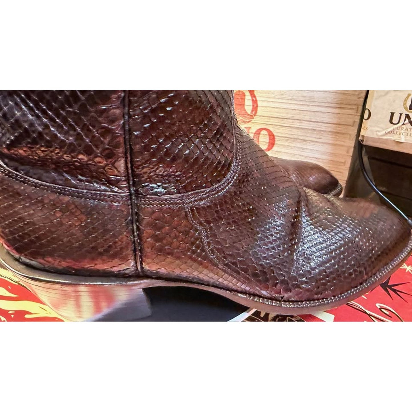🐍VINTAGE LUCCHESE SAN ANTONIO BURMESE PYTHON BOOTS — DARK MAHOGANY | SIZE 11 D
