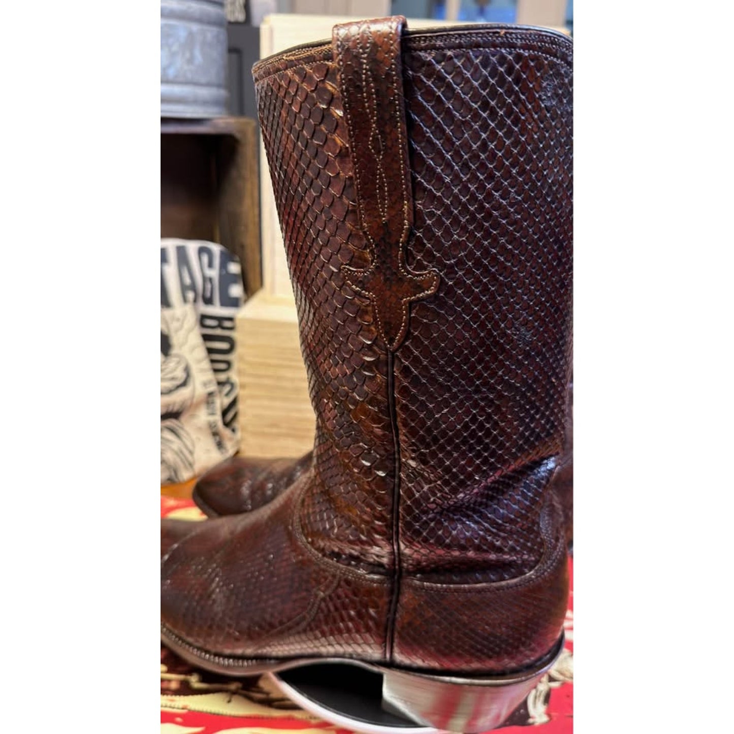 🐍VINTAGE LUCCHESE SAN ANTONIO BURMESE PYTHON BOOTS — DARK MAHOGANY | SIZE 11 D
