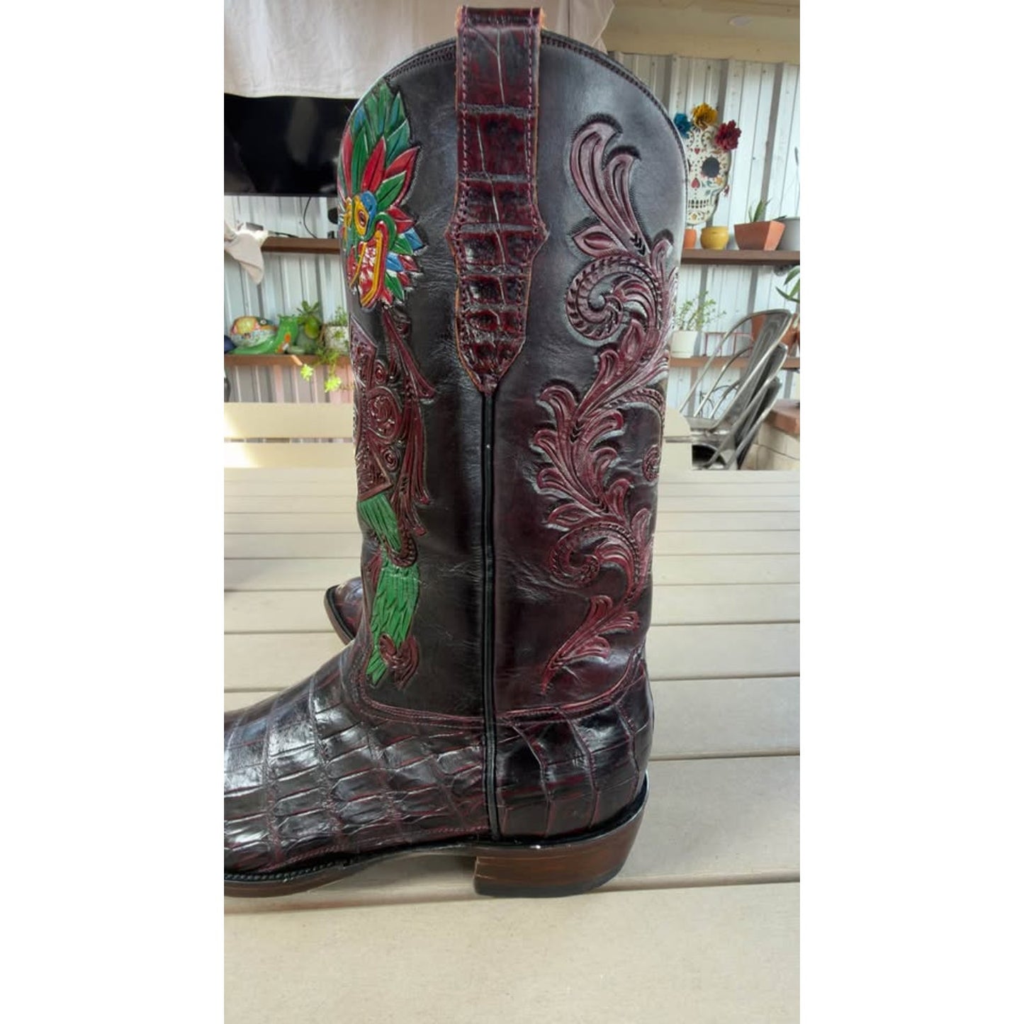 🐊CUSTOM HANDMADE CROCODILE BELLY “AZTEC CALENDAR” BOOTS — BLACK CHERRY | SIZE 11.5 | FRENCH TOE |
