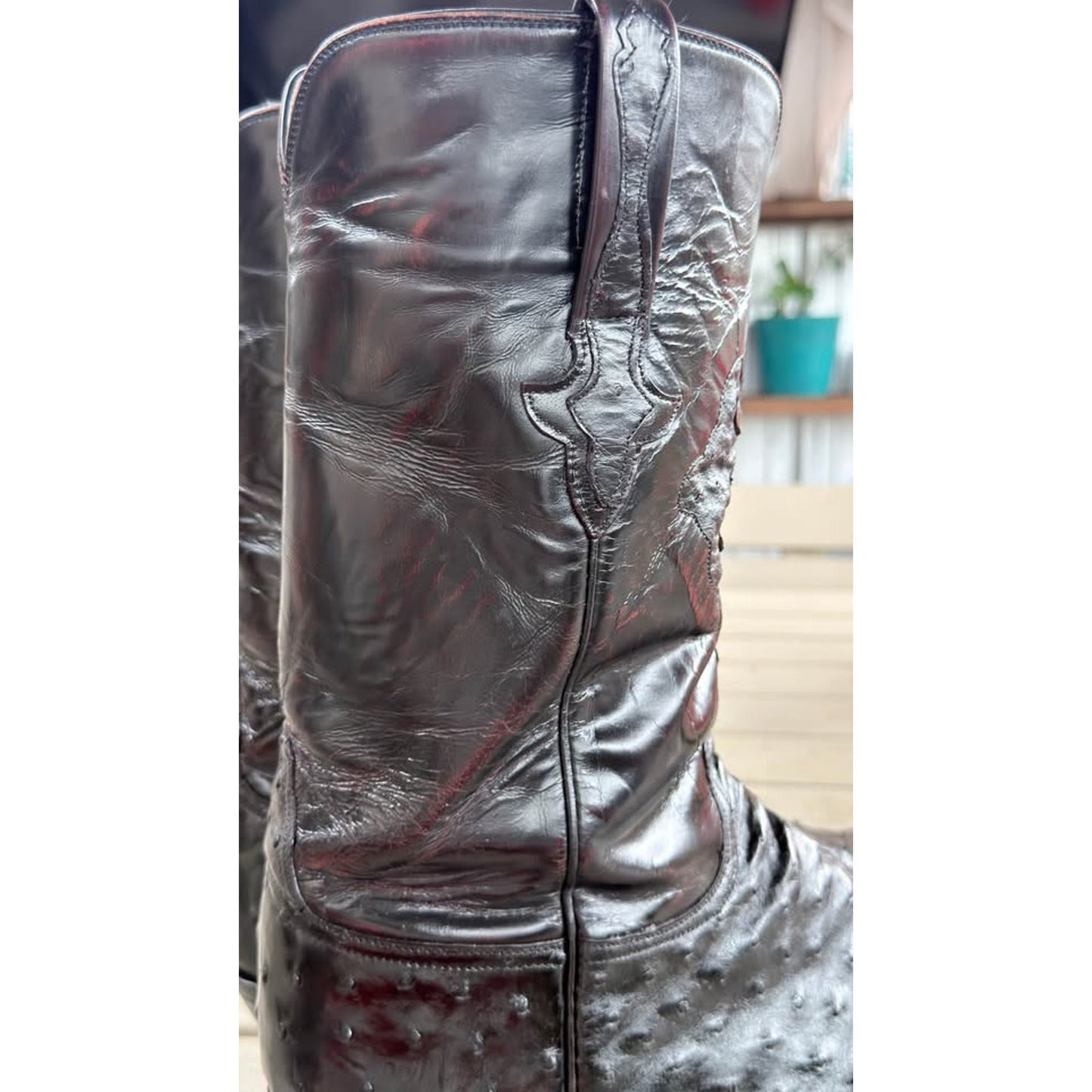 🐧LUCCHESE CLASSICS HANDMADE BLACK CHERRY FULL QUILL OSTRICH BOOTS — SIZE 13 D