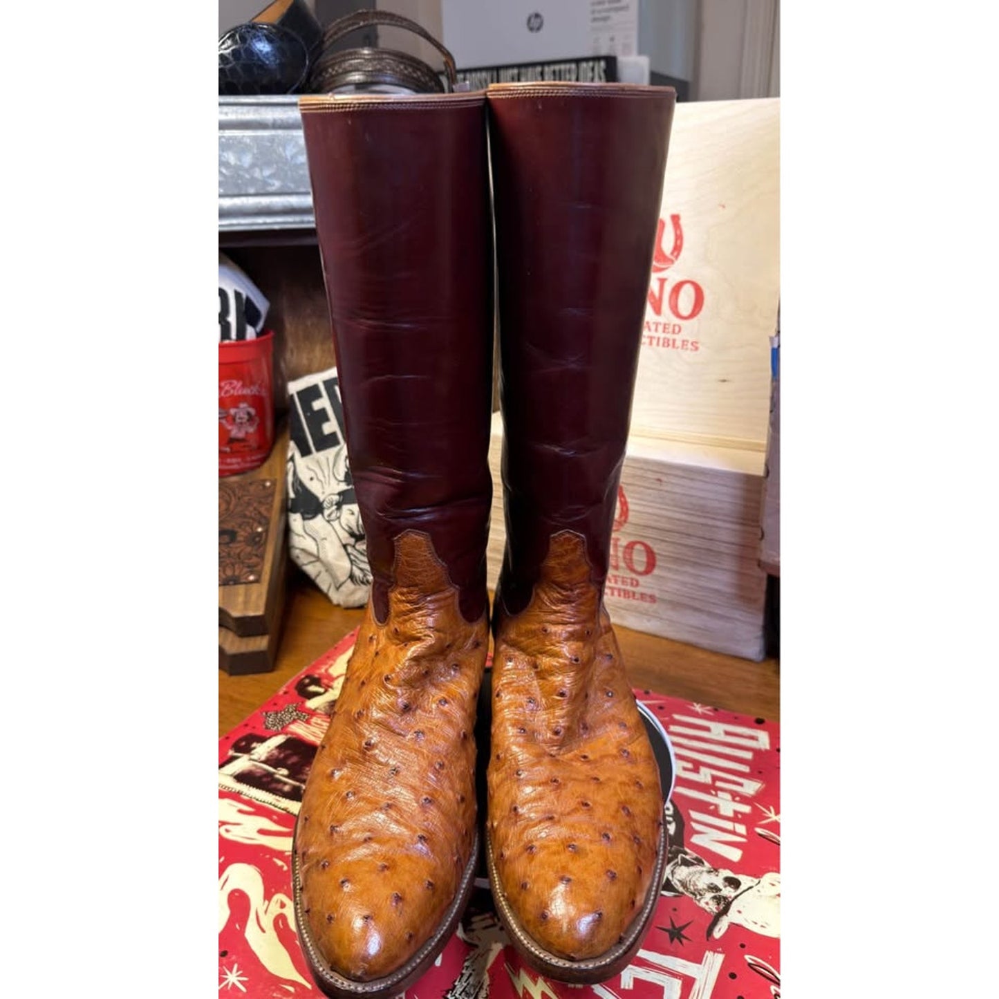 🐧VINTAGE TONY LAMA “EL REY” FULL QUILL OSTRICH BOOTS — COGNAC & OXBLOOD | SIZE 12½ B -FITS 10–10.5